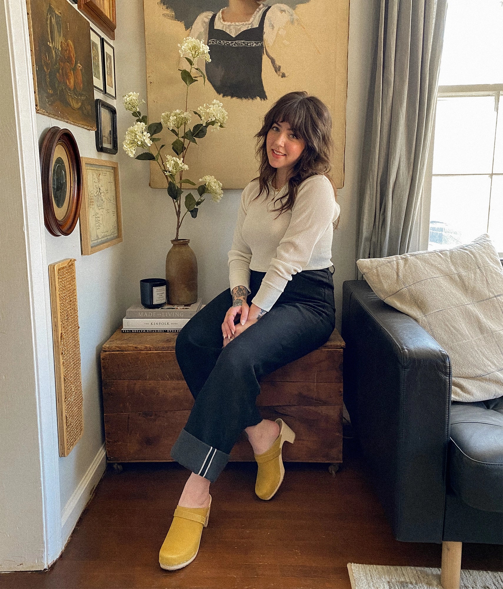 classic high rise heel clog mule in yellow nubuck leather stapled on a light wooden base