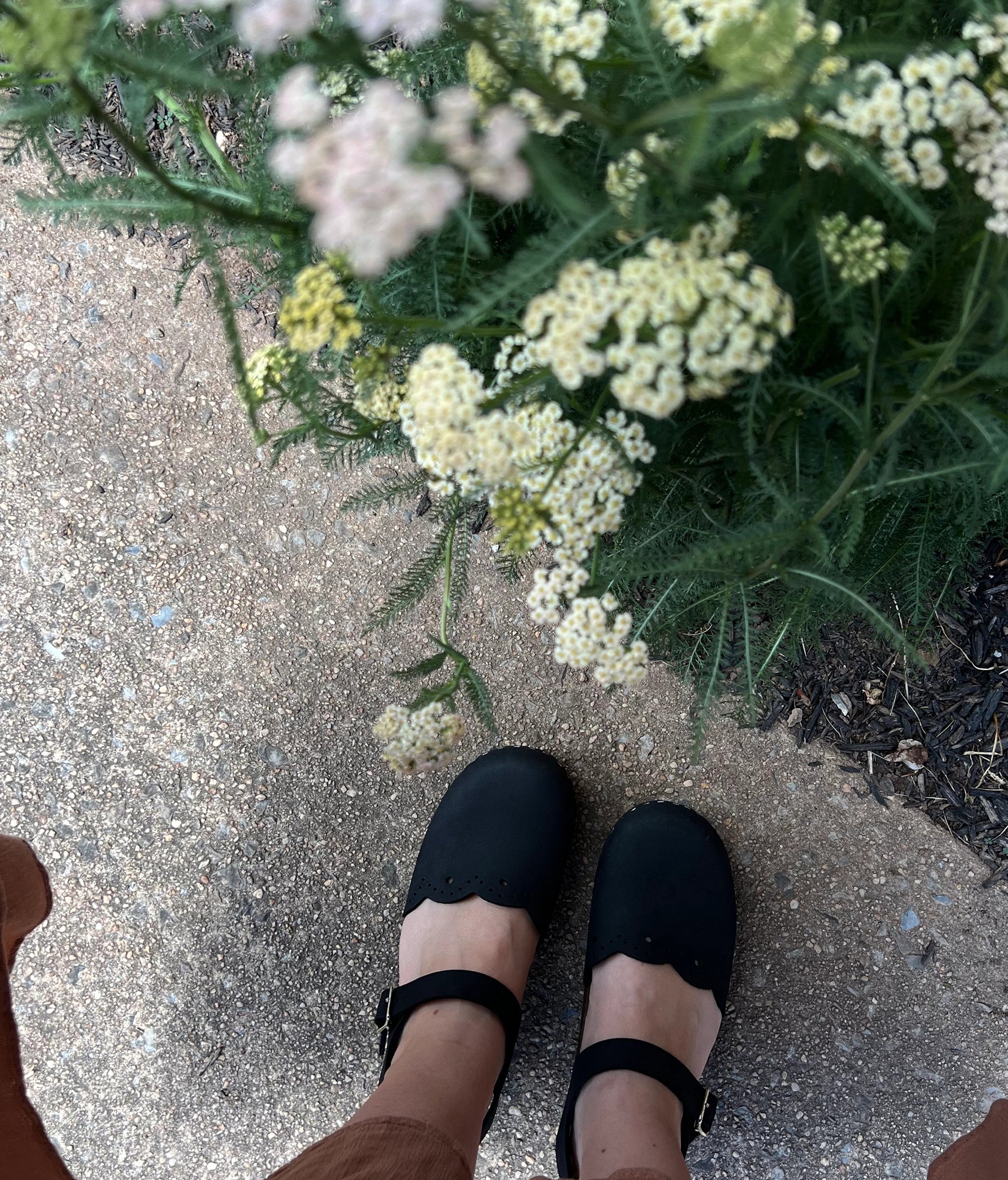 low heeled closed-toe clog sandals in black vegetable tanned leather with a wavy leather cutout stapled on a dark