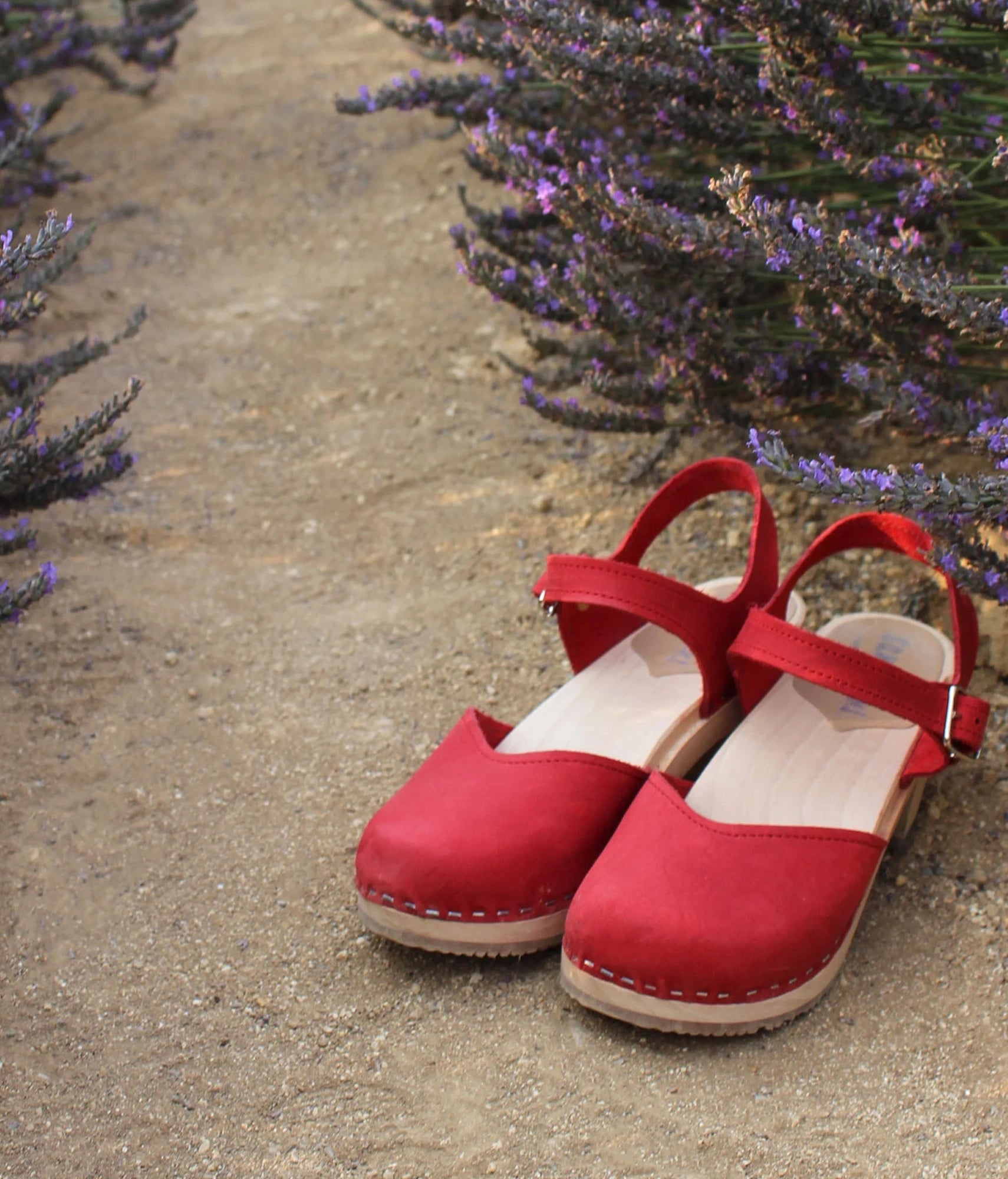 classic low heeled closed-toe sandal in red nubuck leather stapled on a light wooden base