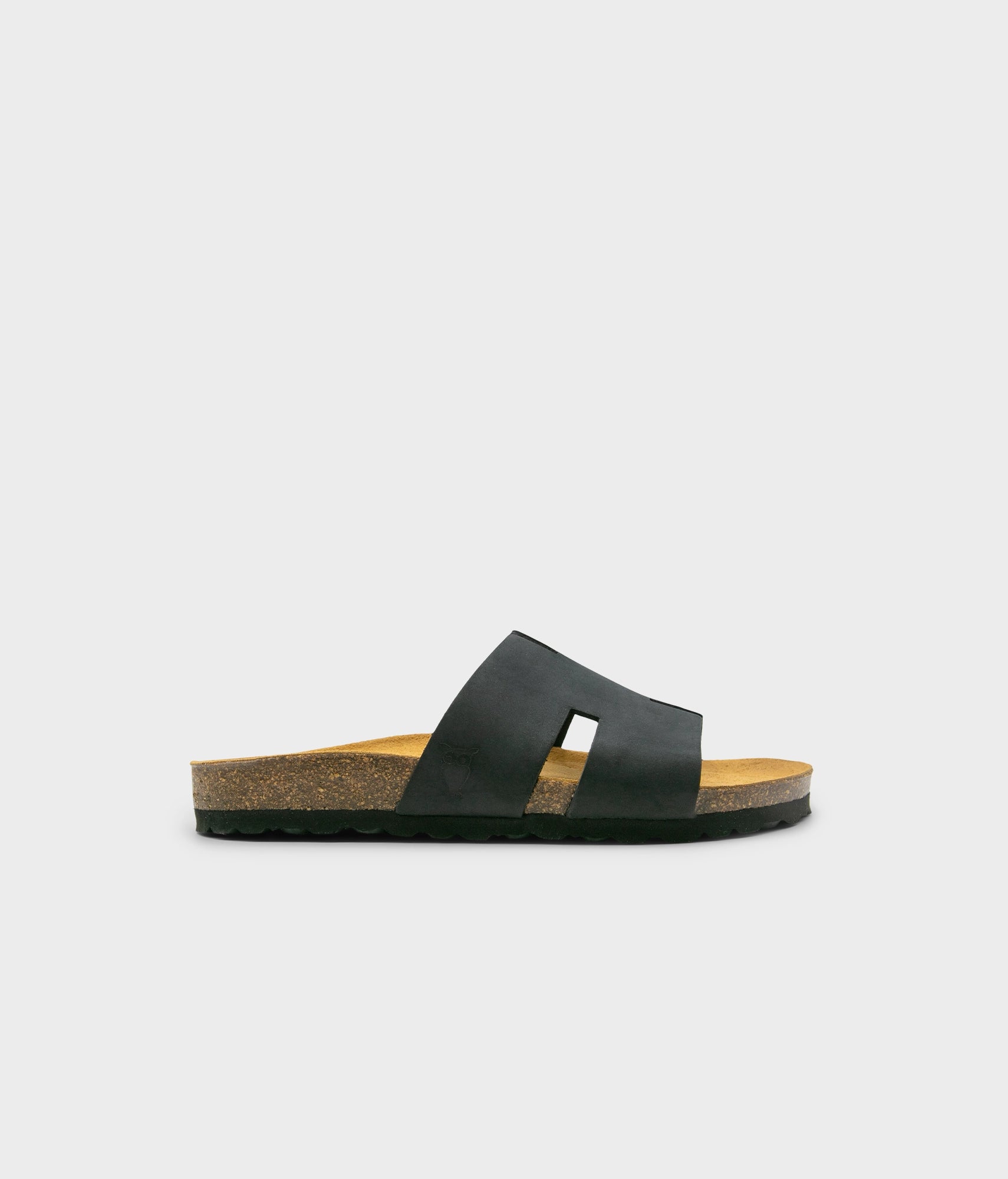 cork sandal with an H-shaped cutout in black nubuck leather, suede footbed and black EVA outersole