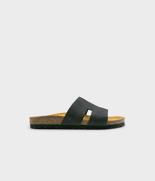 cork sandal with an H-shaped cutout in black nubuck leather, suede footbed and black EVA outersole