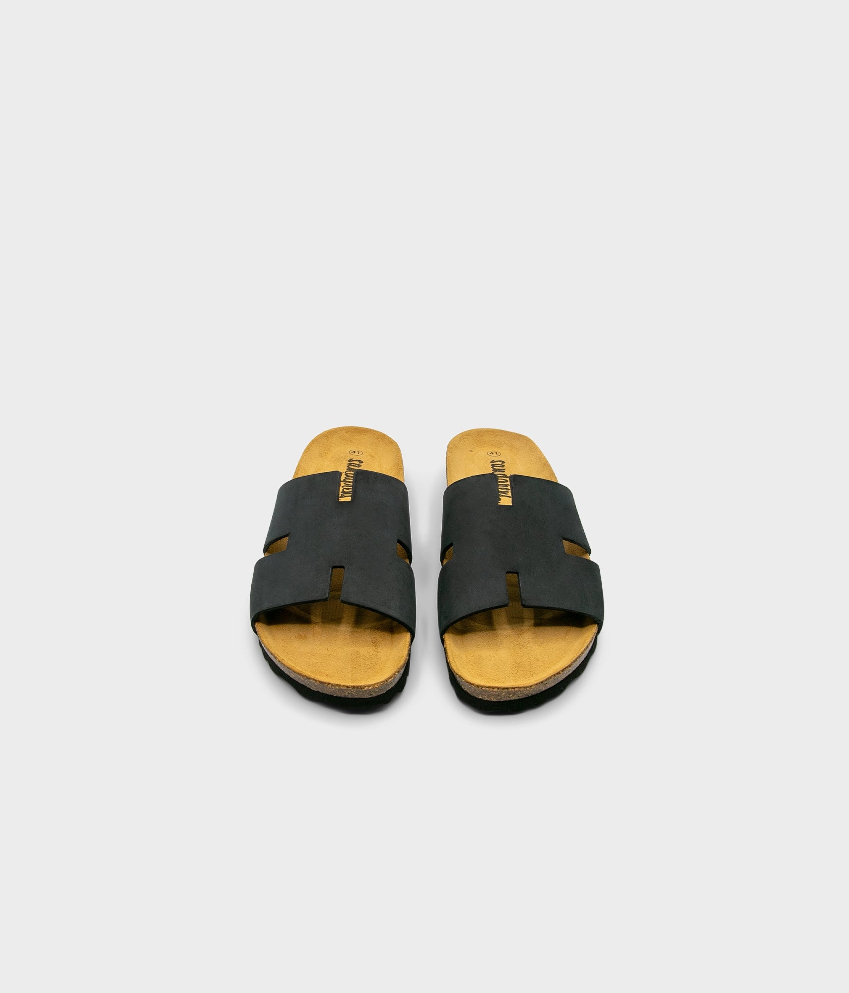 cork sandal with an H-shaped cutout in black nubuck leather, suede footbed and black EVA outersole