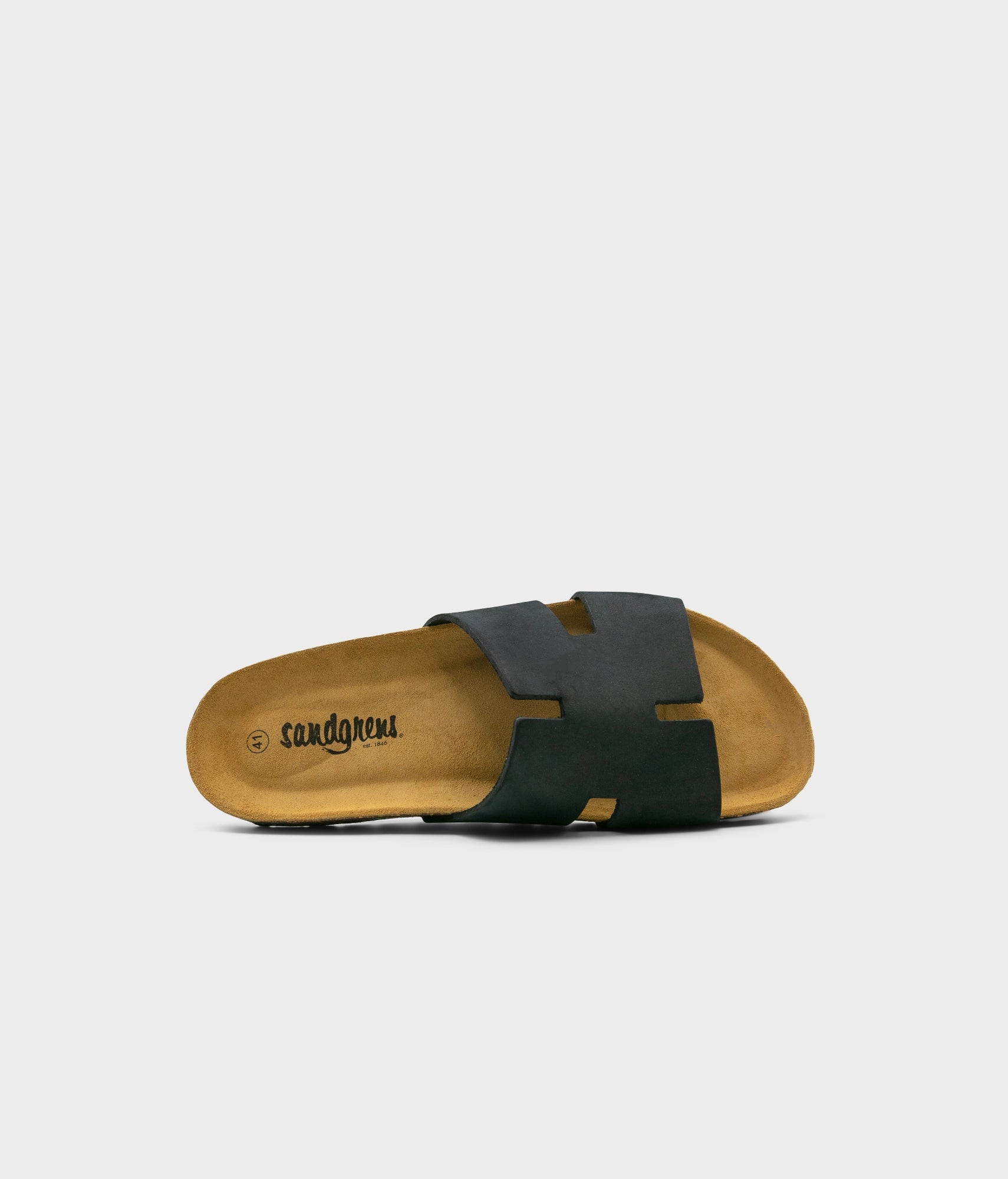 cork sandal with an H-shaped cutout in black nubuck leather, suede footbed and black EVA outersole