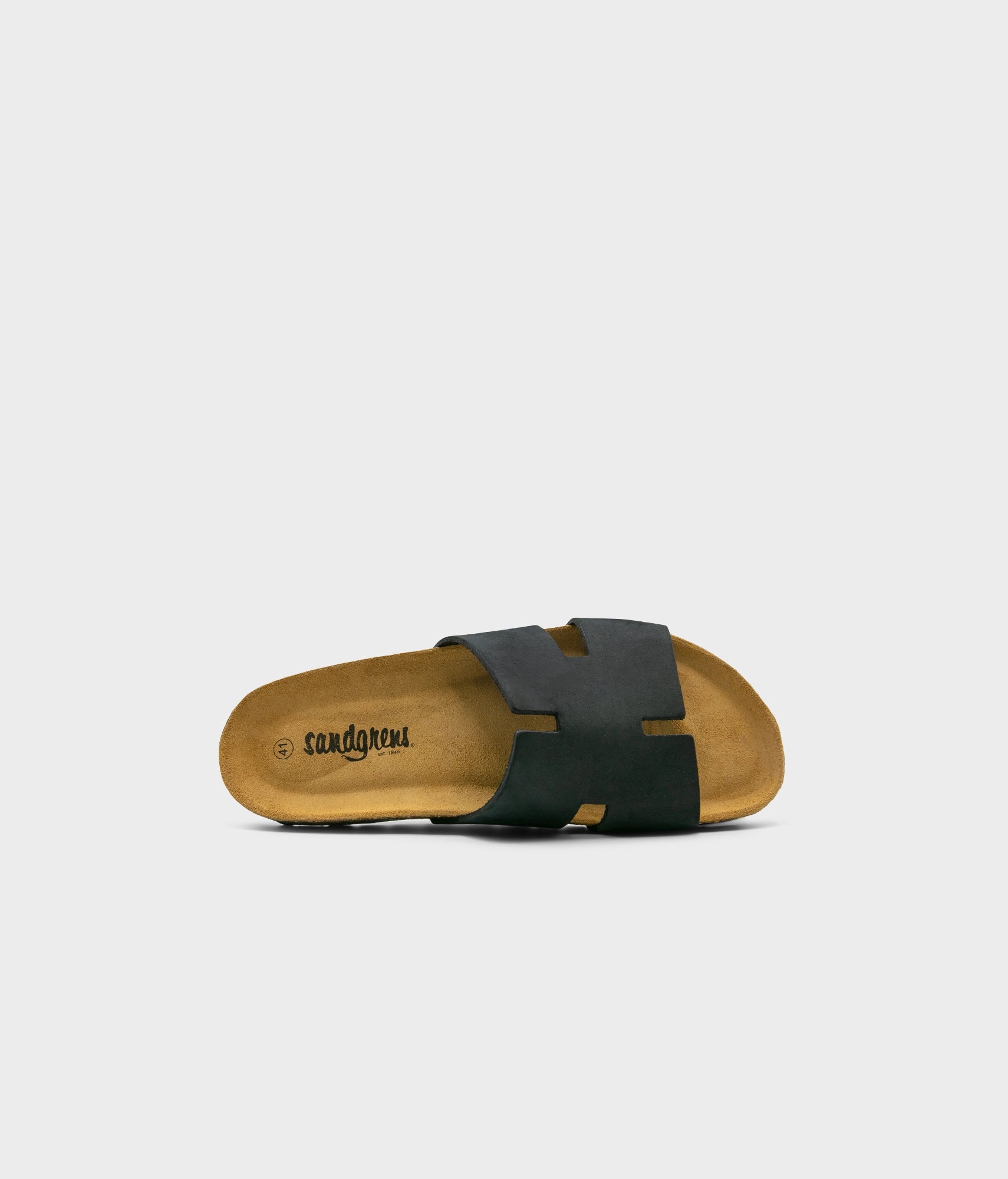 cork sandal with an H-shaped cutout in black nubuck leather, suede footbed and black EVA outersole