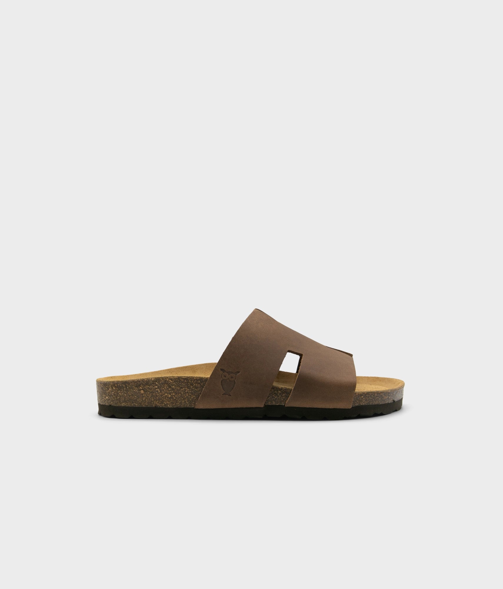 cork sandal with an H-shaped cutout in hazel brown nubuck leather, suede footbed and black EVA outersole
