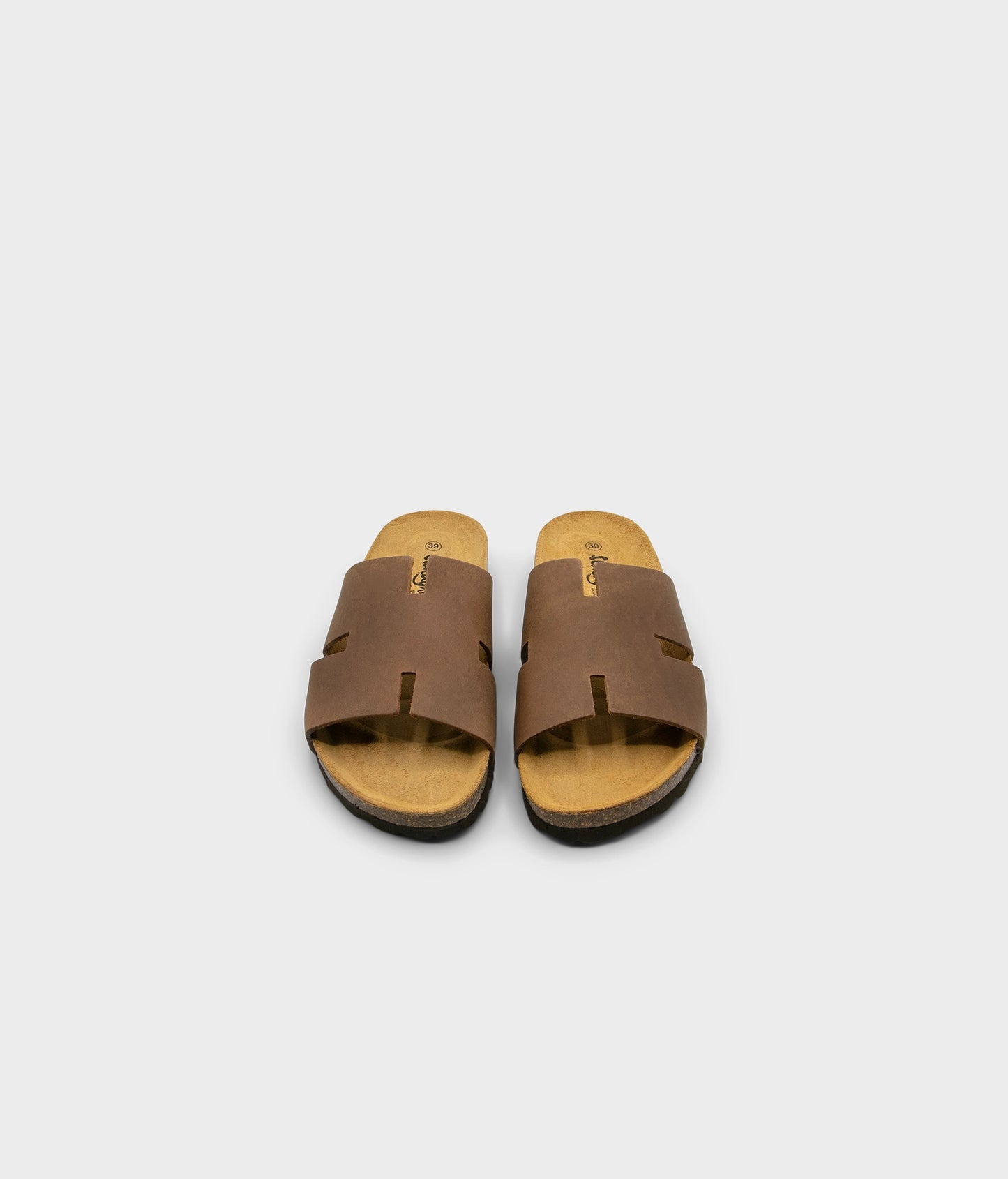 cork sandal with an H-shaped cutout in hazel brown nubuck leather, suede footbed and black EVA outersole