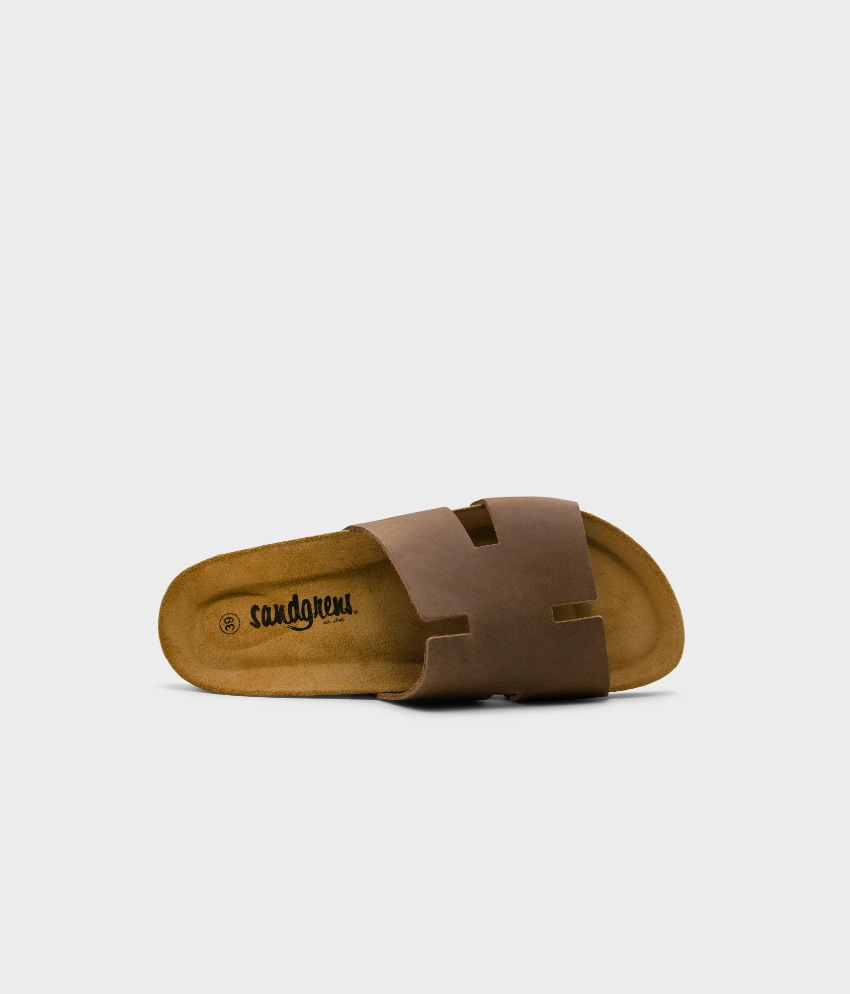 cork sandal with an H-shaped cutout in hazel brown nubuck leather, suede footbed and black EVA outersole