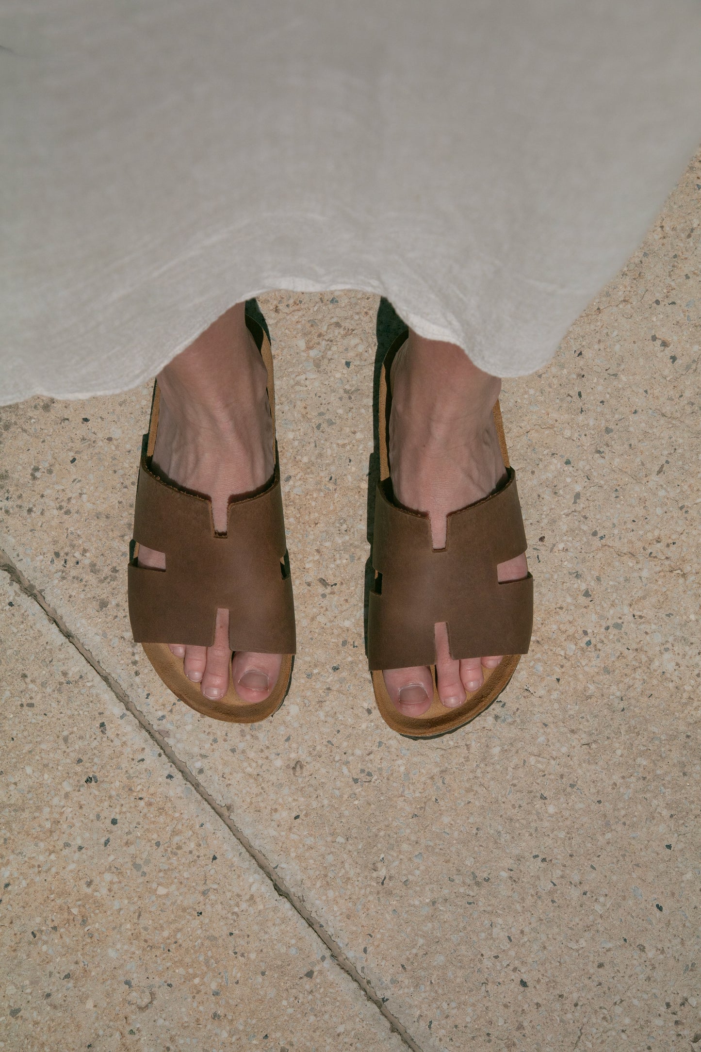 cork sandal with an H-shaped cutout in hazel brown nubuck leather, suede footbed and black EVA outersole
