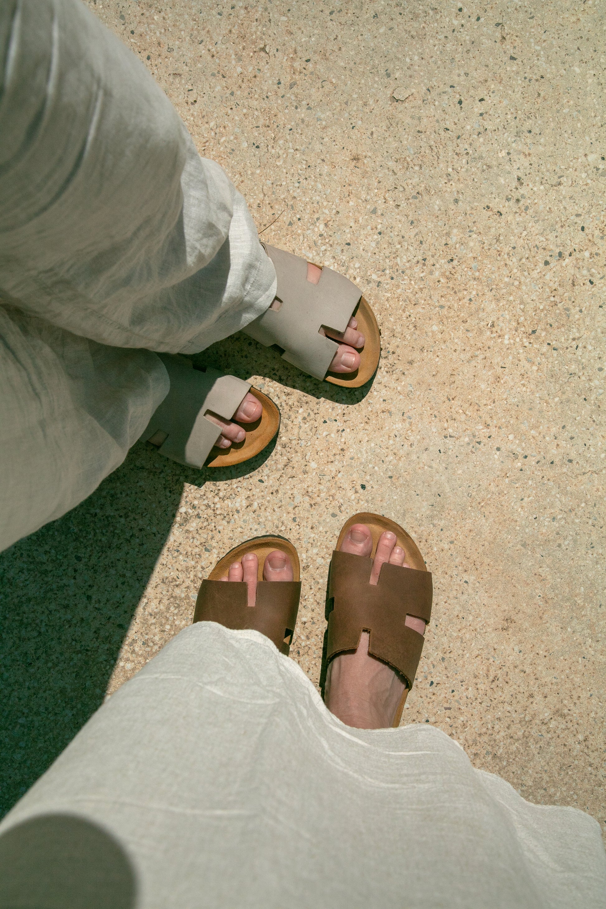 cork sandal with an H-shaped cutout in hazel brown nubuck leather, suede footbed and black EVA outersole