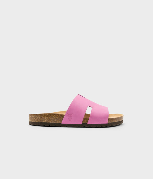 cork sandal with an H-shaped cutout in Magenta pink nubuck leather, suede footbed and brown EVA outersole