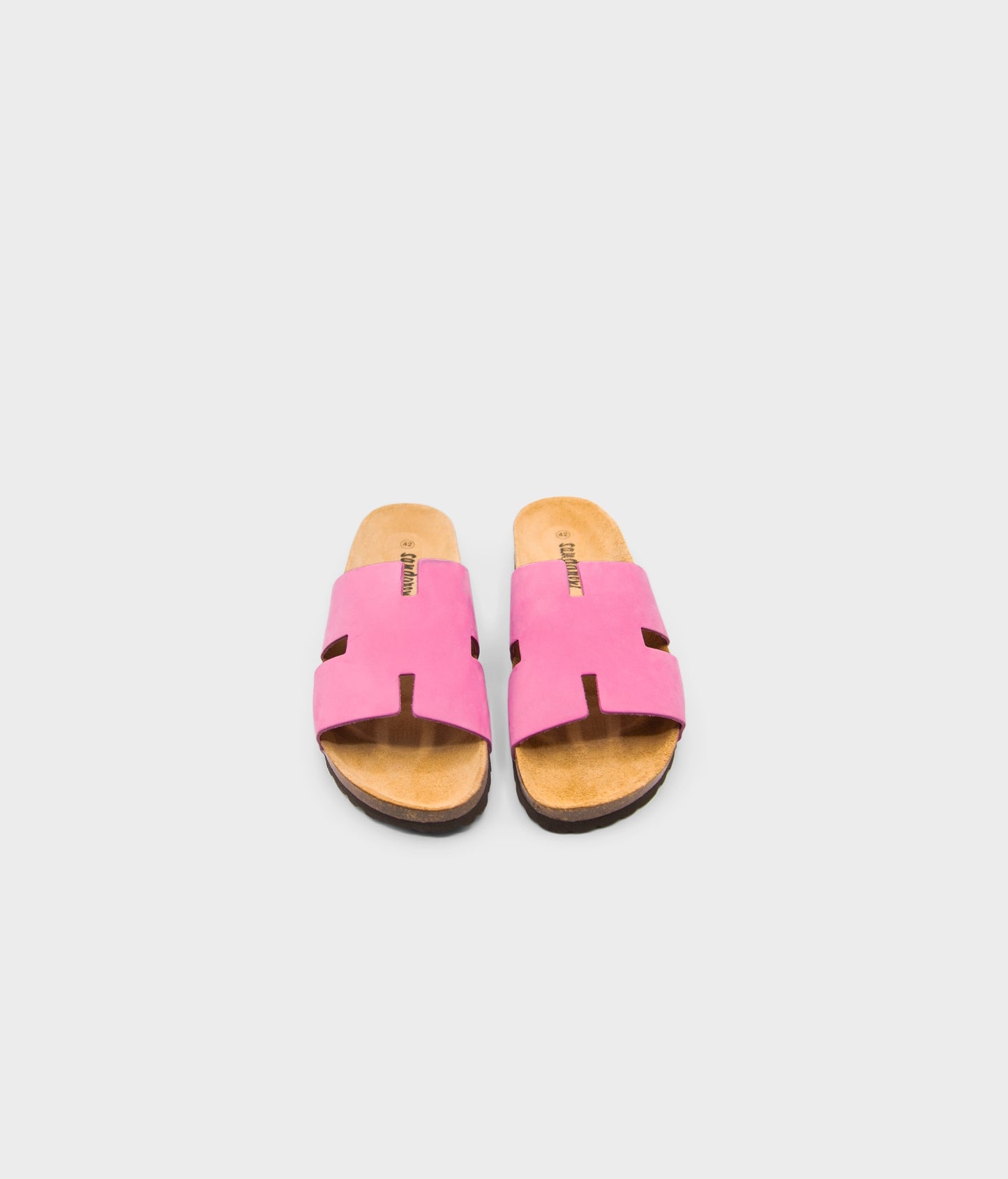 cork sandal with an H-shaped cutout in Magenta pink nubuck leather, suede footbed and brown EVA outersole