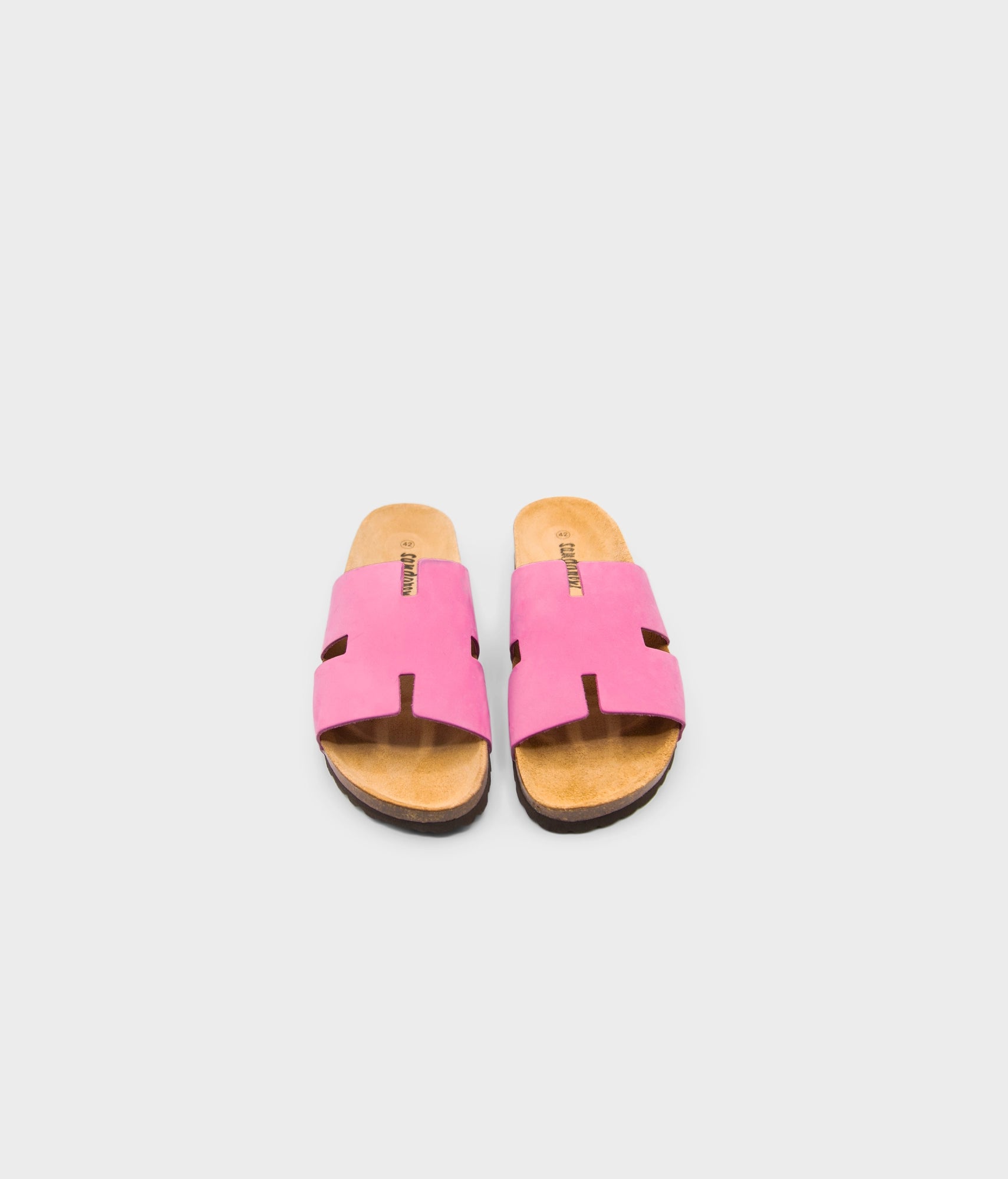 cork sandal with an H-shaped cutout in Magenta pink nubuck leather, suede footbed and brown EVA outersole
