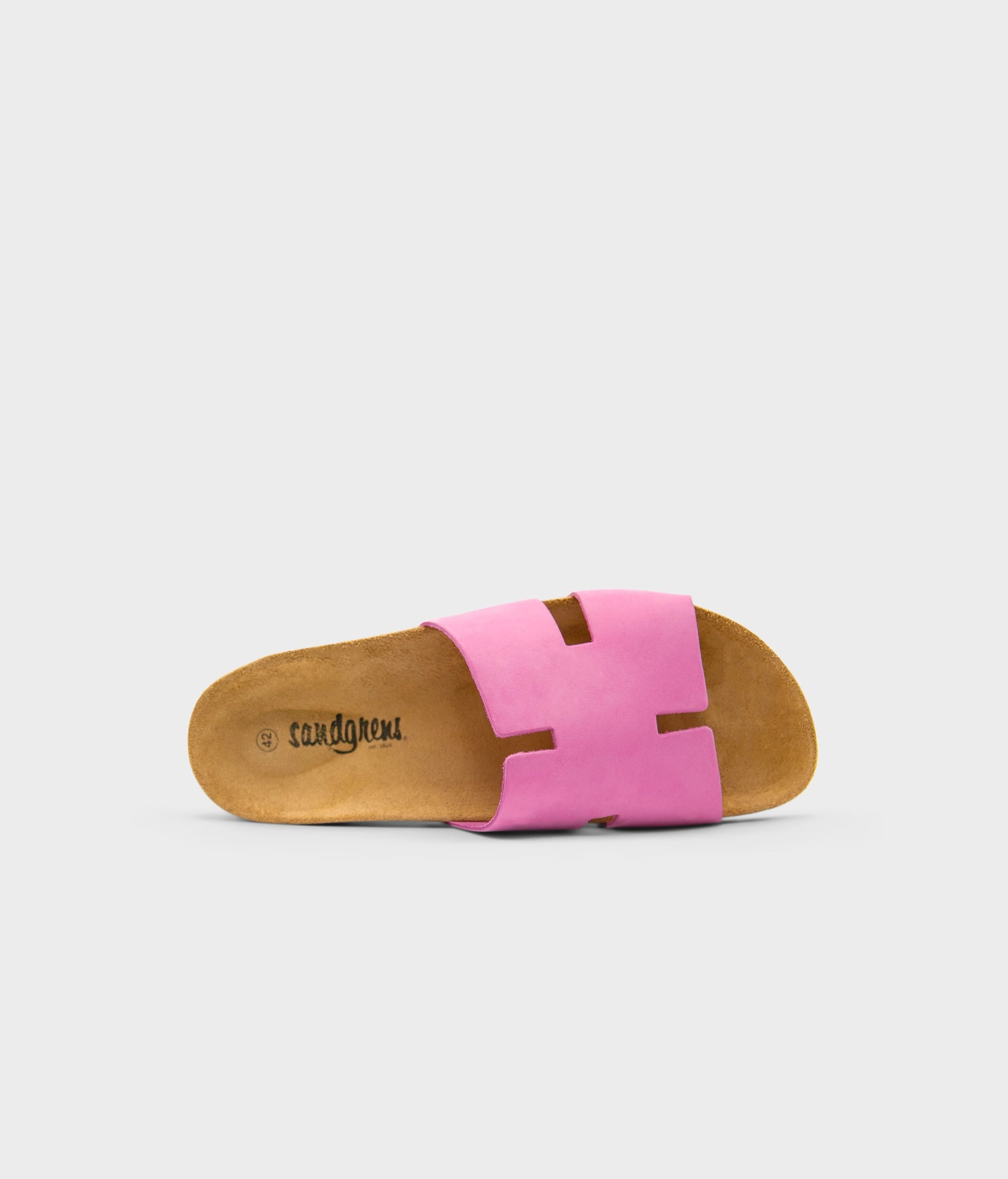 cork sandal with an H-shaped cutout in Magenta pink nubuck leather, suede footbed and brown EVA outersole