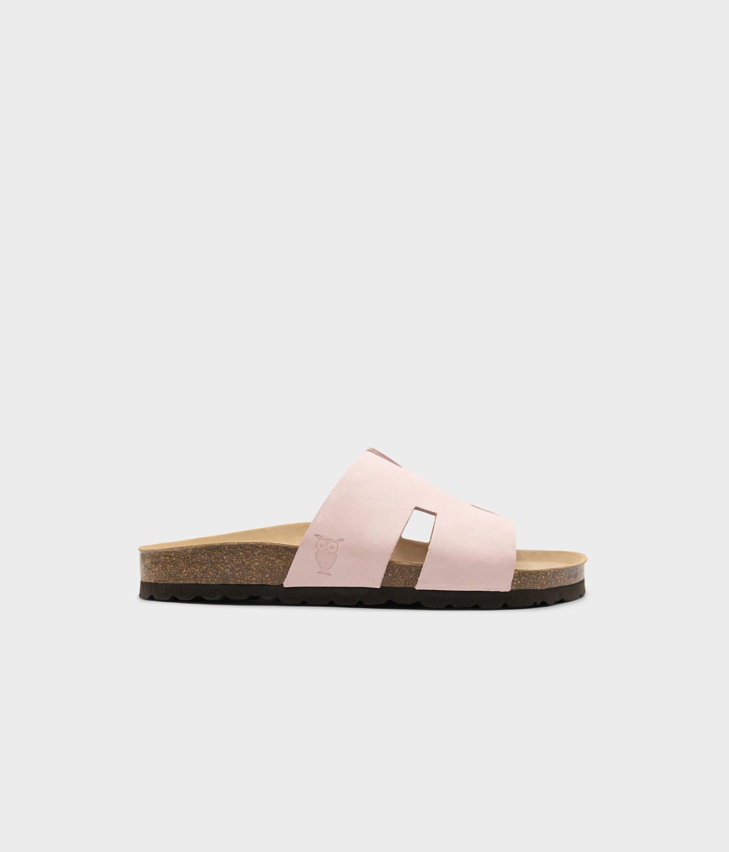 cork sandal with an H-shaped cutout in pale pink nubuck leather, suede footbed and brown EVA outersole