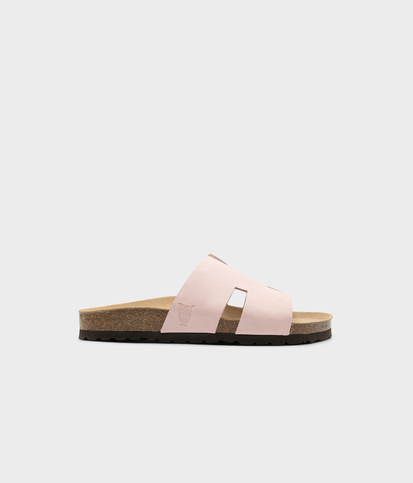 cork sandal with an H-shaped cutout in pale pink nubuck leather, suede footbed and brown EVA outersole