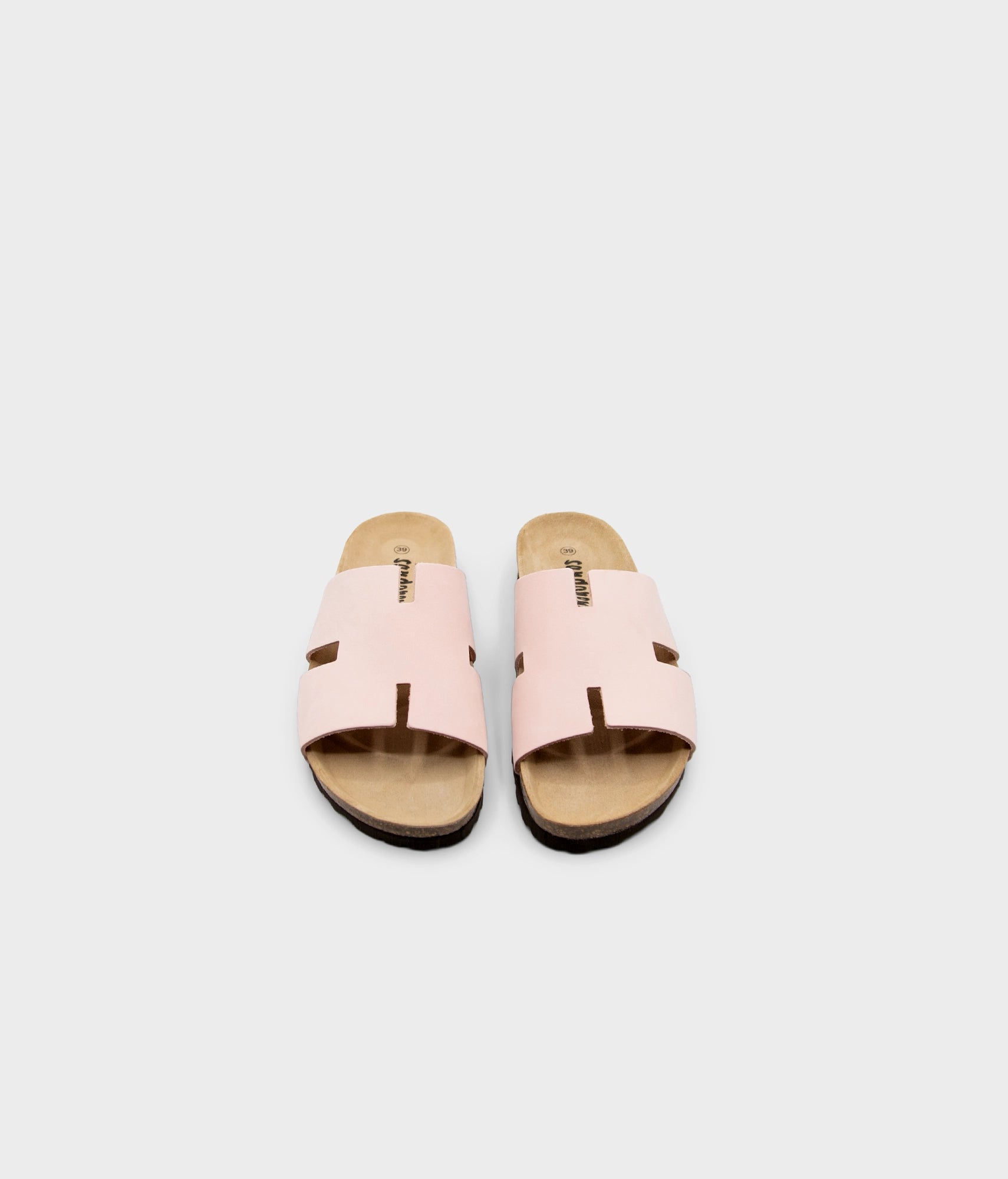 cork sandal with an H-shaped cutout in pale pink nubuck leather, suede footbed and brown EVA outersole