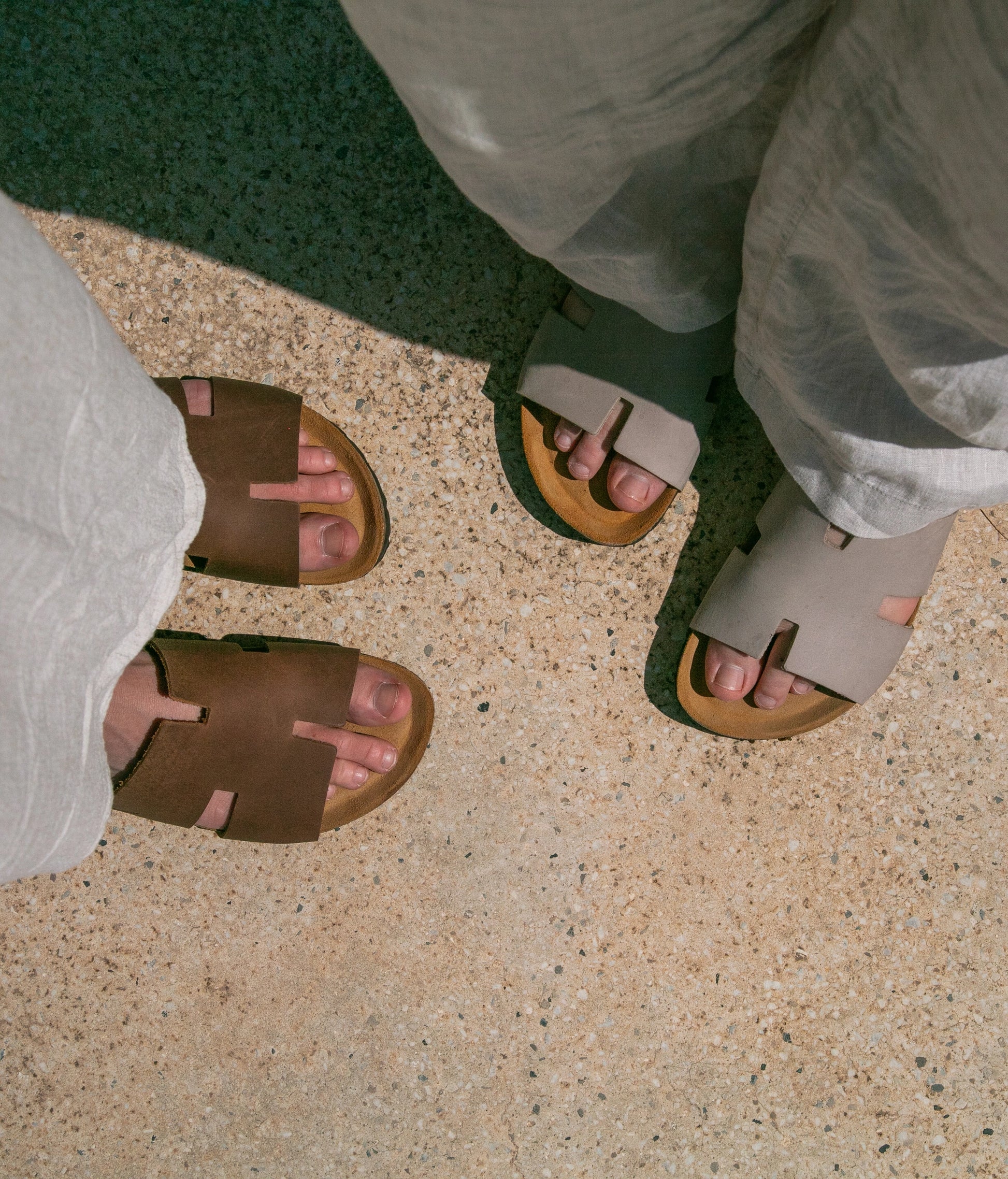 cork sandal with an H-shaped cutout in sandstone beige nubuck leather, suede footbed and black EVA outersole