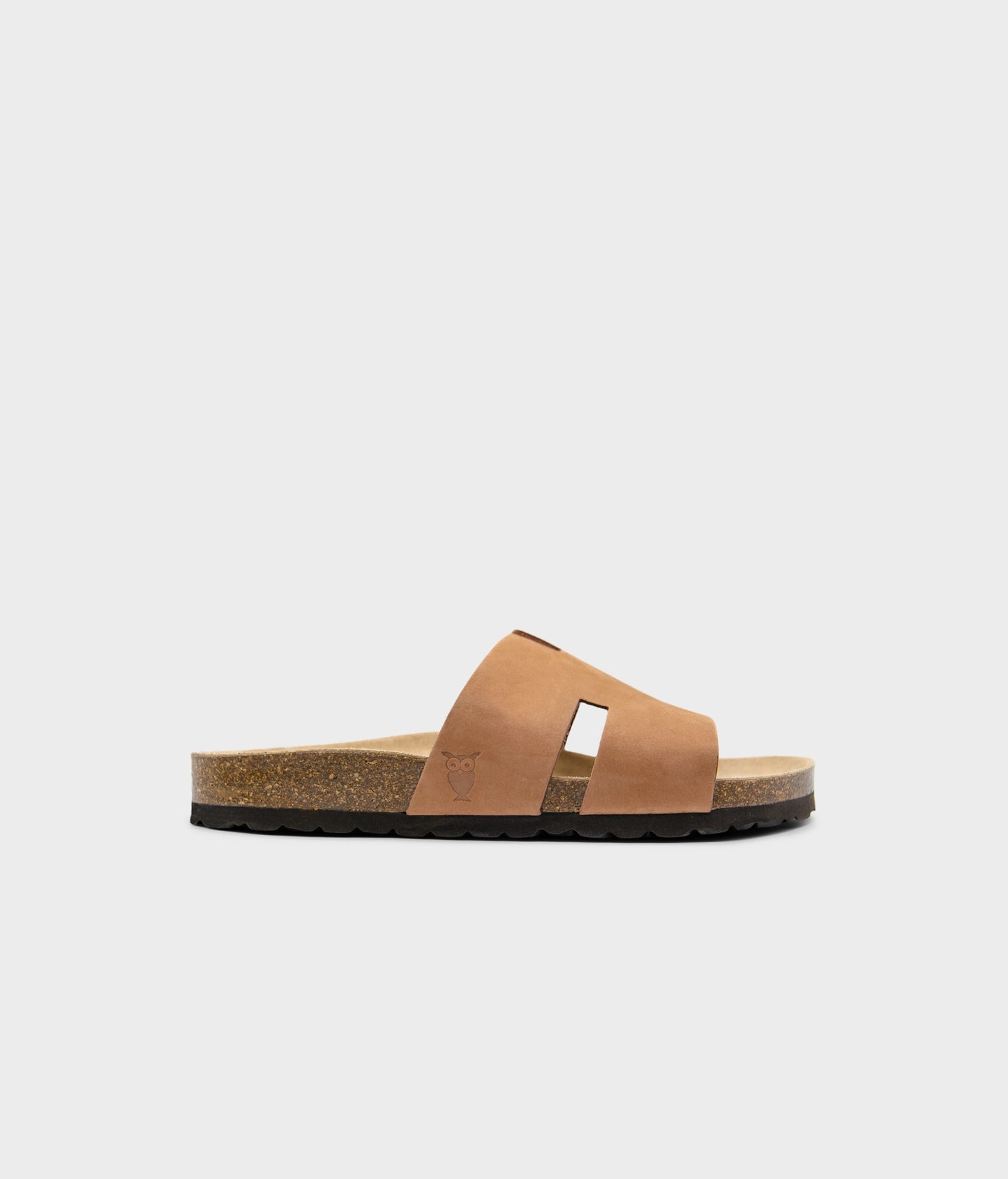 cork sandal with an H-shaped cutout in light terracotta nubuck leather, suede footbed and brown EVA outersole