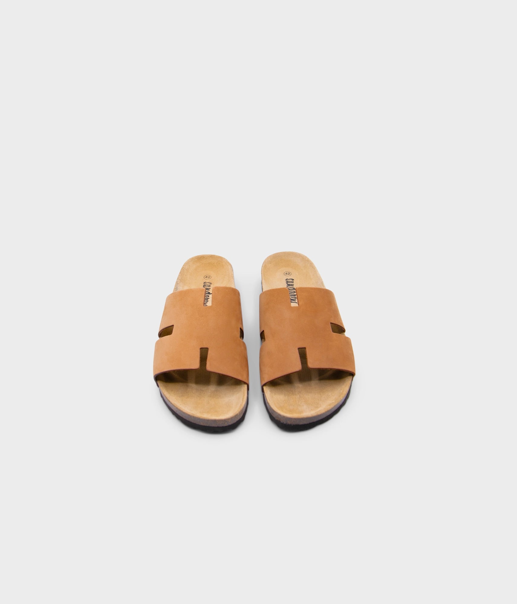 cork sandal with an H-shaped cutout in light terracotta nubuck leather, suede footbed and brown EVA outersole