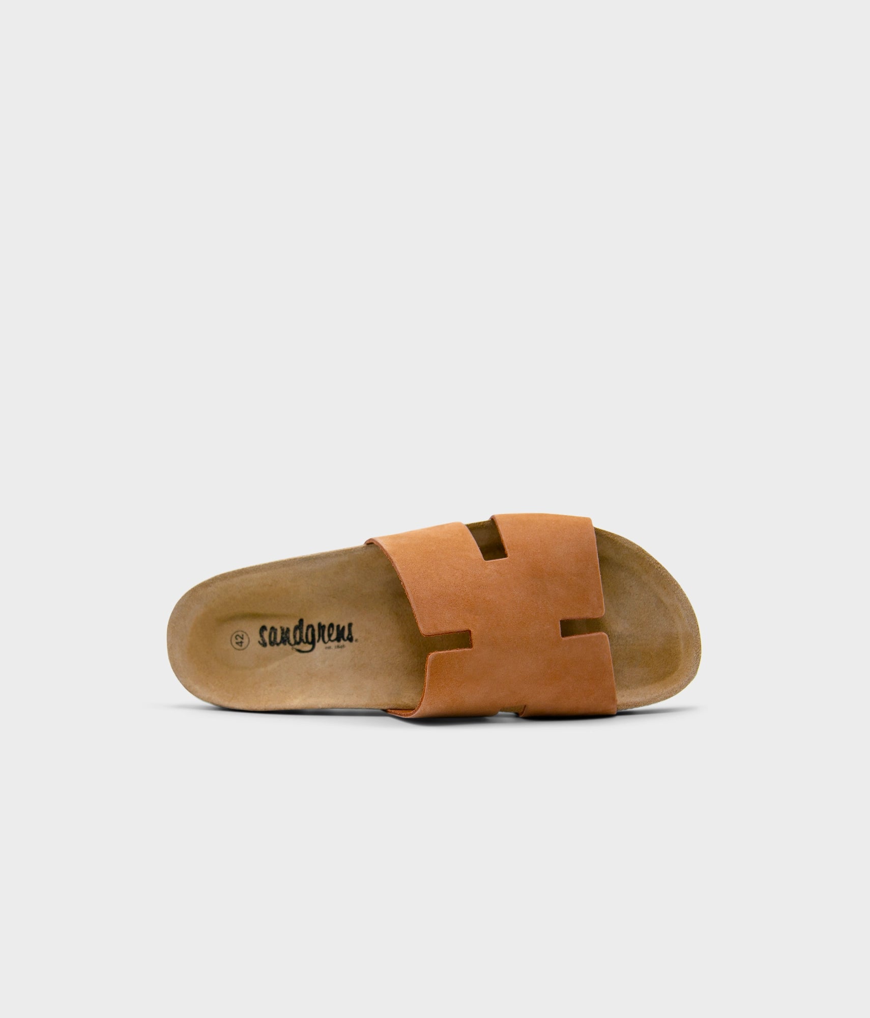 cork sandal with an H-shaped cutout in light terracotta nubuck leather, suede footbed and brown EVA outersole