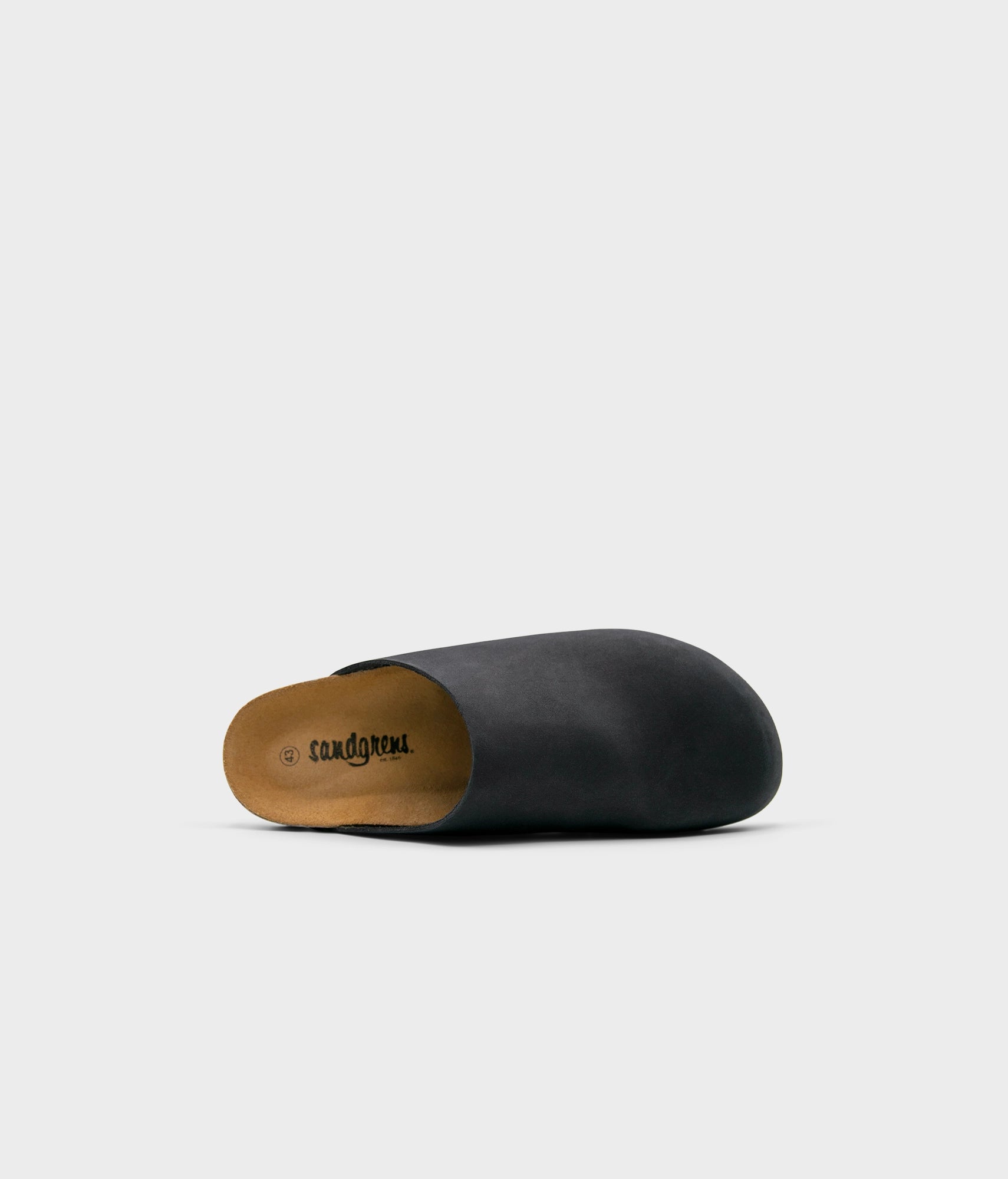 closed-toe cork sandal in black nubuck leather, suede footbed and black EVA outersole