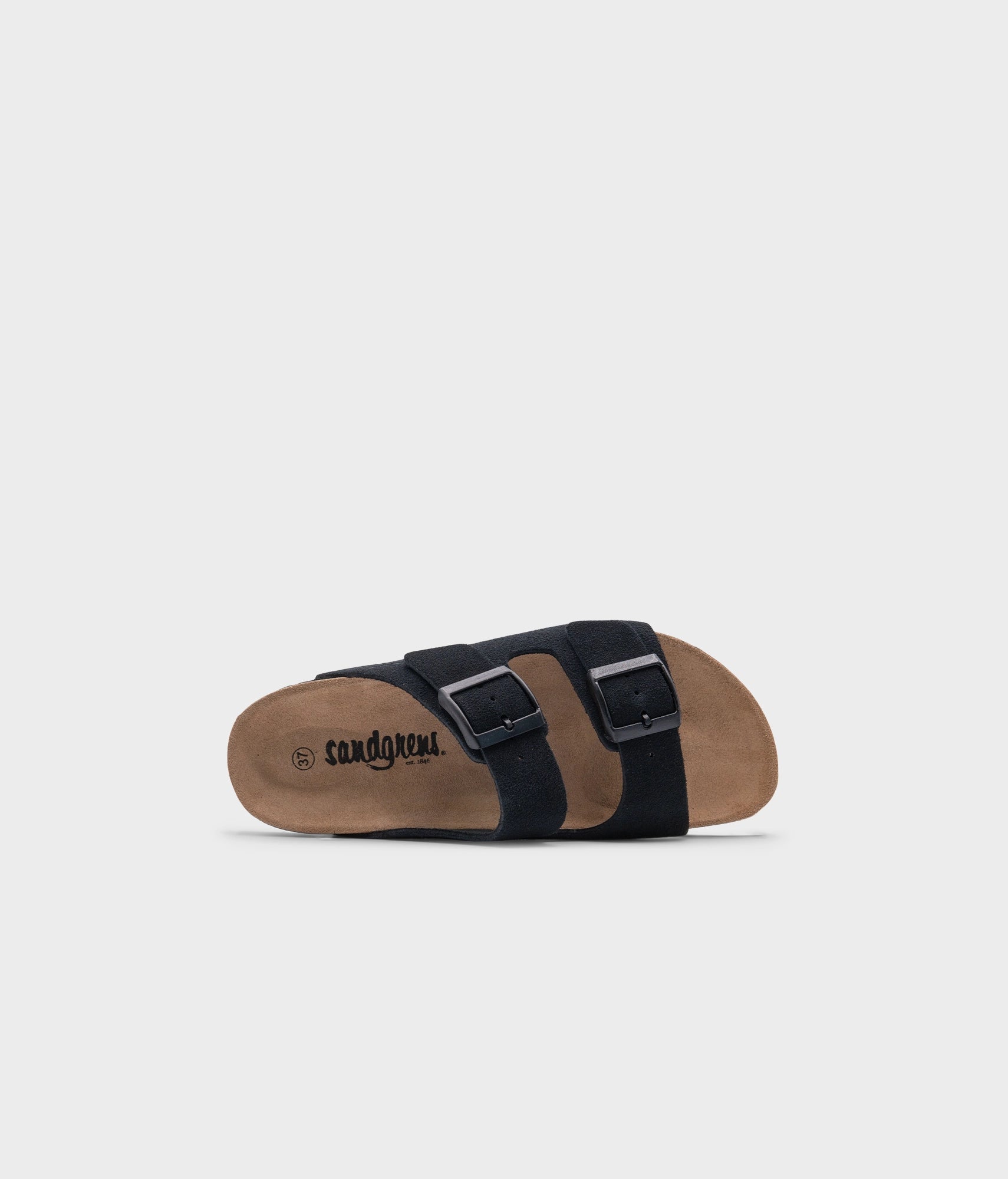 classic cork sandal with two straps in a comfortable black suede leather with a suede footbed 