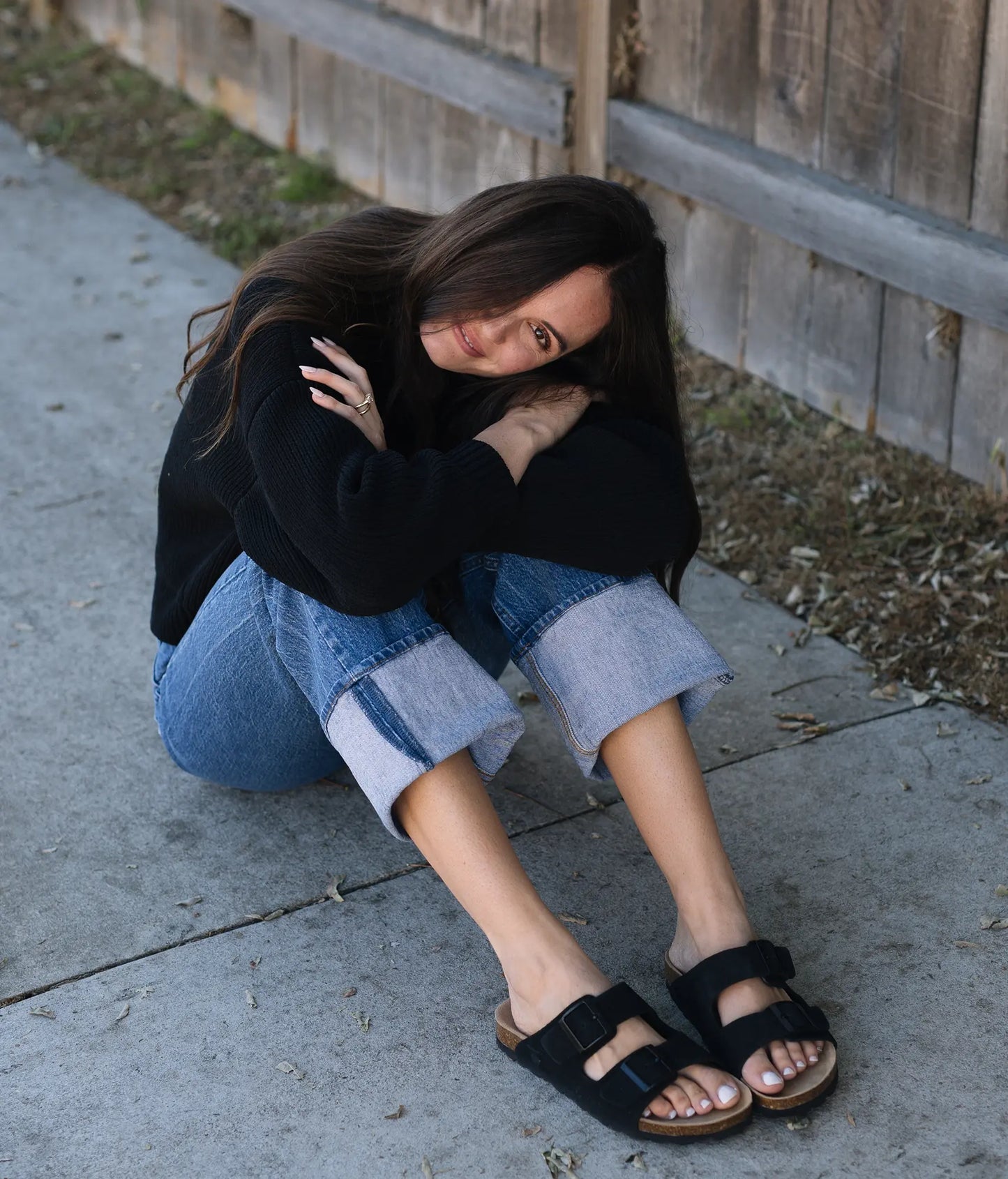 classic cork sandal with two straps in a comfortable black suede leather with a suede footbed 