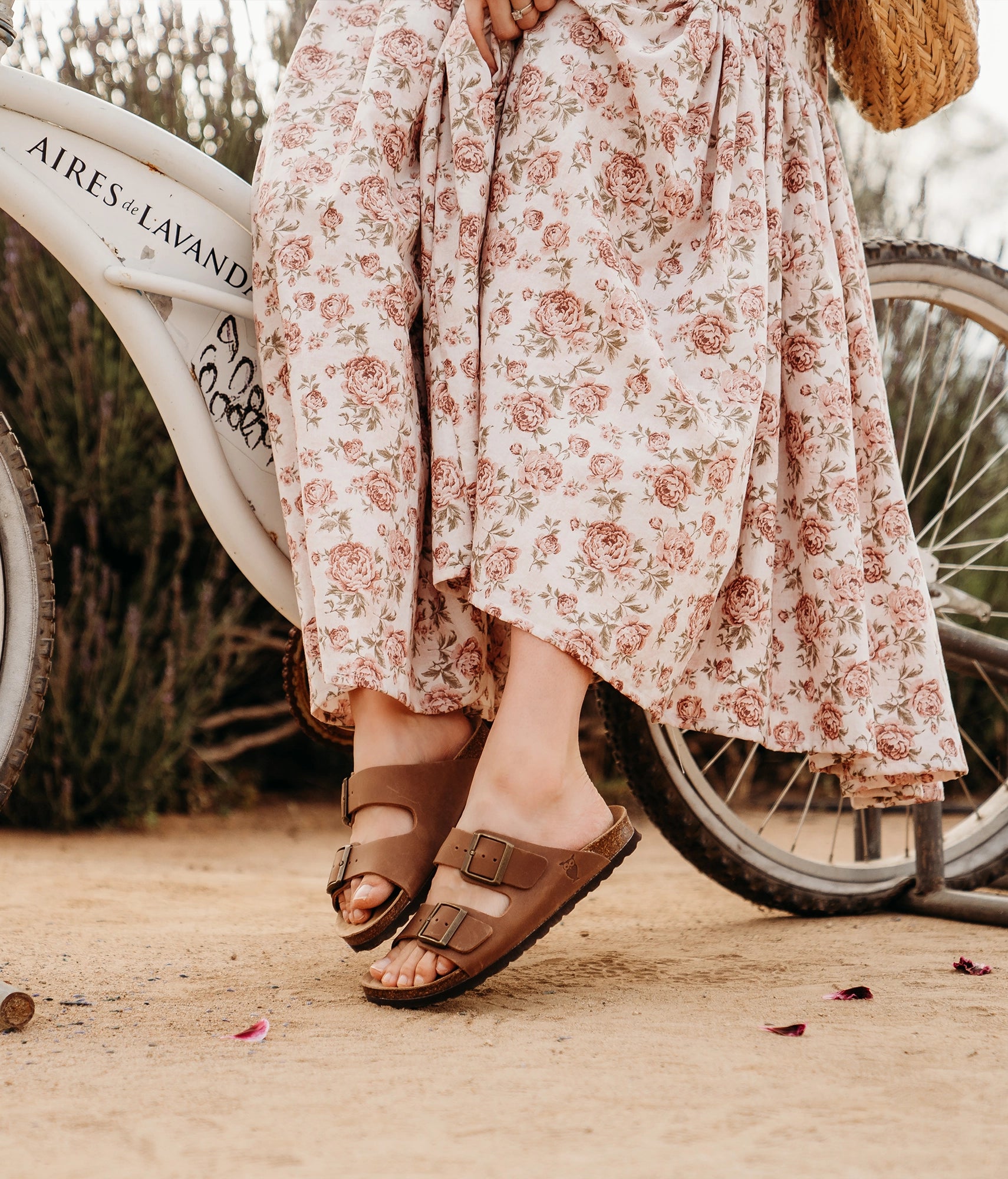 classic cork sandal with two straps in full-grain light brown nubuck leather, suede footbed and brass gold buckles