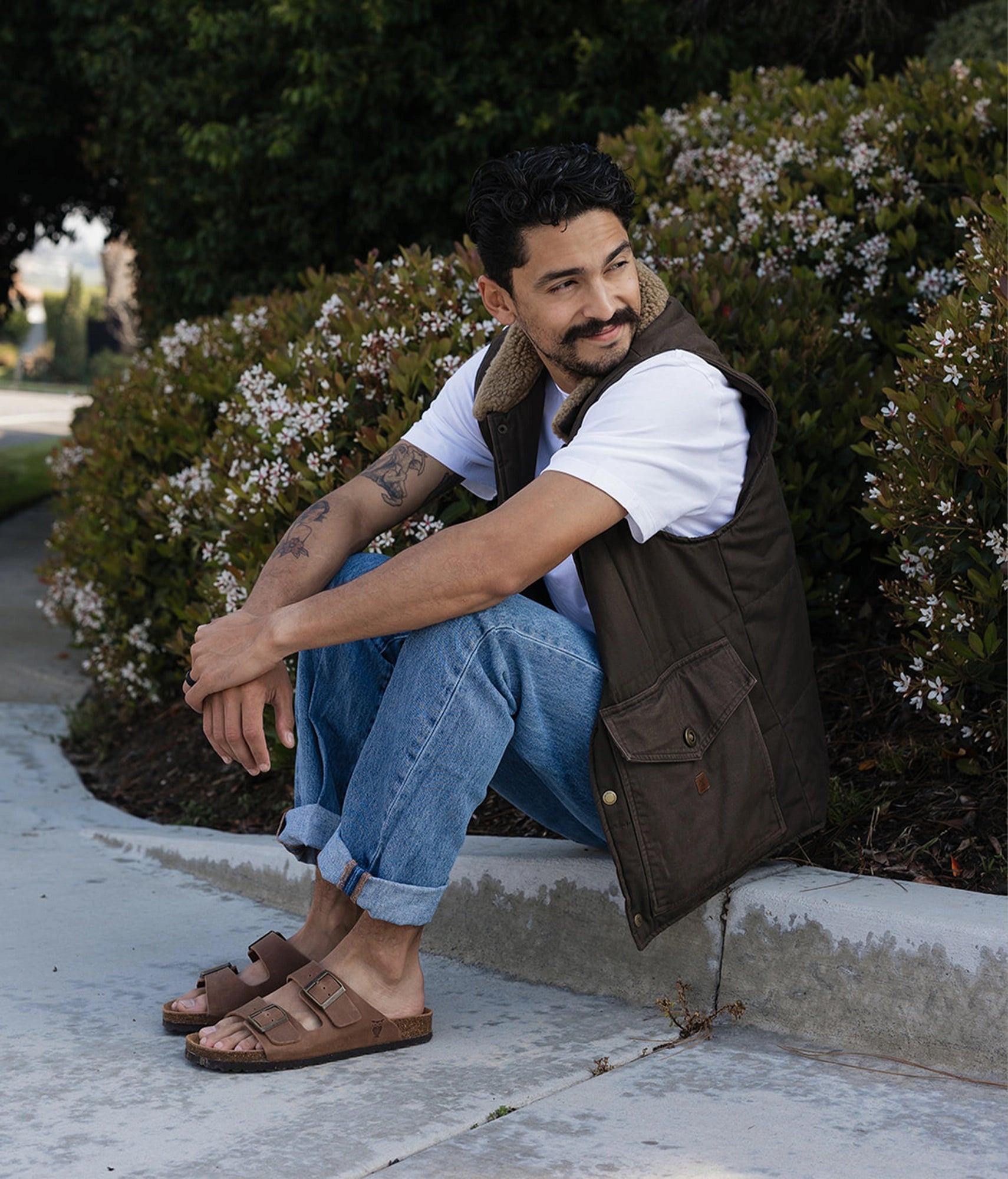 classic cork sandal with two straps in full-grain light brown nubuck leather, suede footbed and brass gold buckles