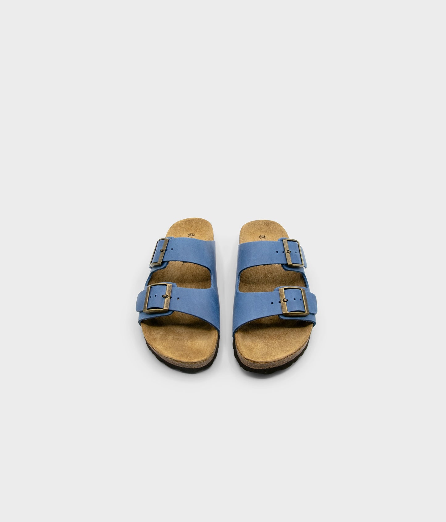 classic cork sandal with two straps in full-grain blue nubuck leather with a blue tint, suede footbed and brass gold buckles