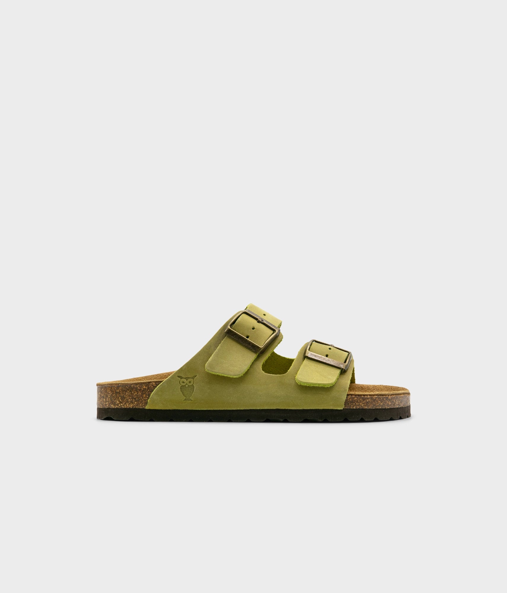 classic cork sandal with two straps in full-grain sage green nubuck leather with a blue tint, suede footbed and brass gold buckles