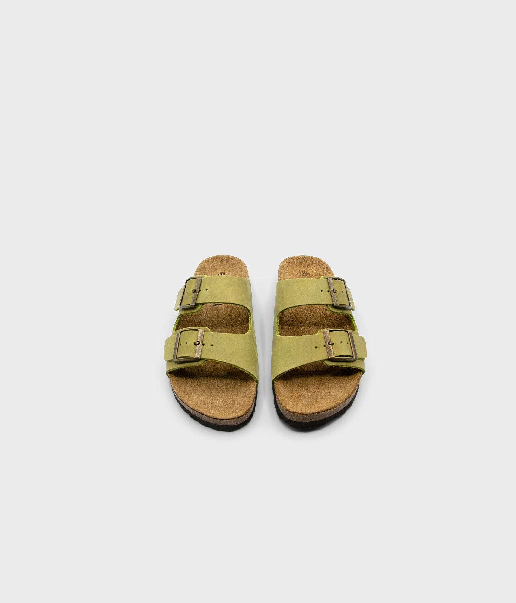 classic cork sandal with two straps in full-grain sage green nubuck leather with a blue tint, suede footbed and brass gold buckles