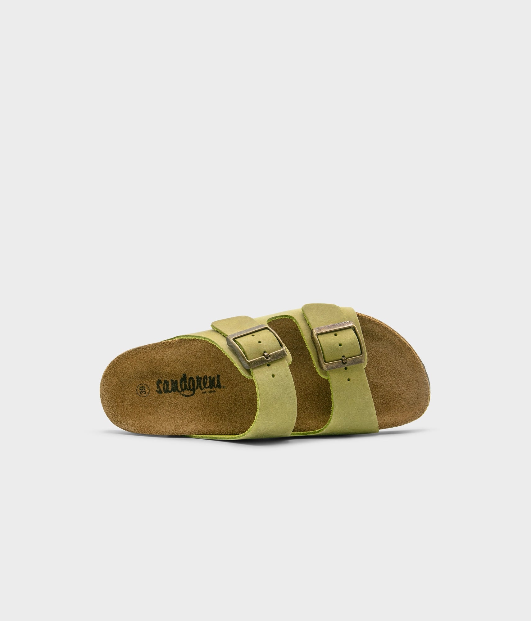 classic cork sandal with two straps in full-grain sage green nubuck leather with a blue tint, suede footbed and brass gold buckles