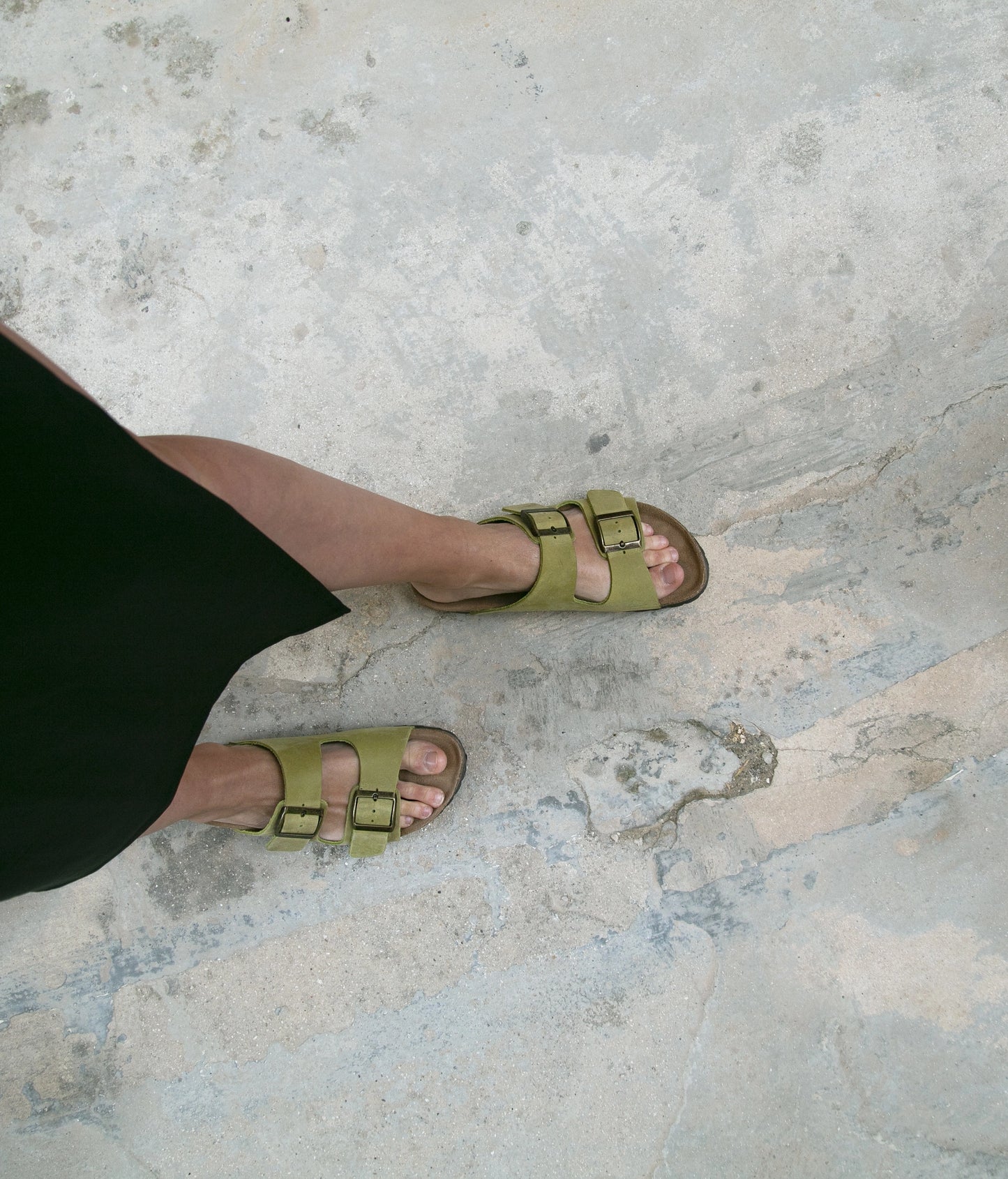 classic cork sandal with two straps in full-grain sage green nubuck leather with a blue tint, suede footbed and brass gold buckles