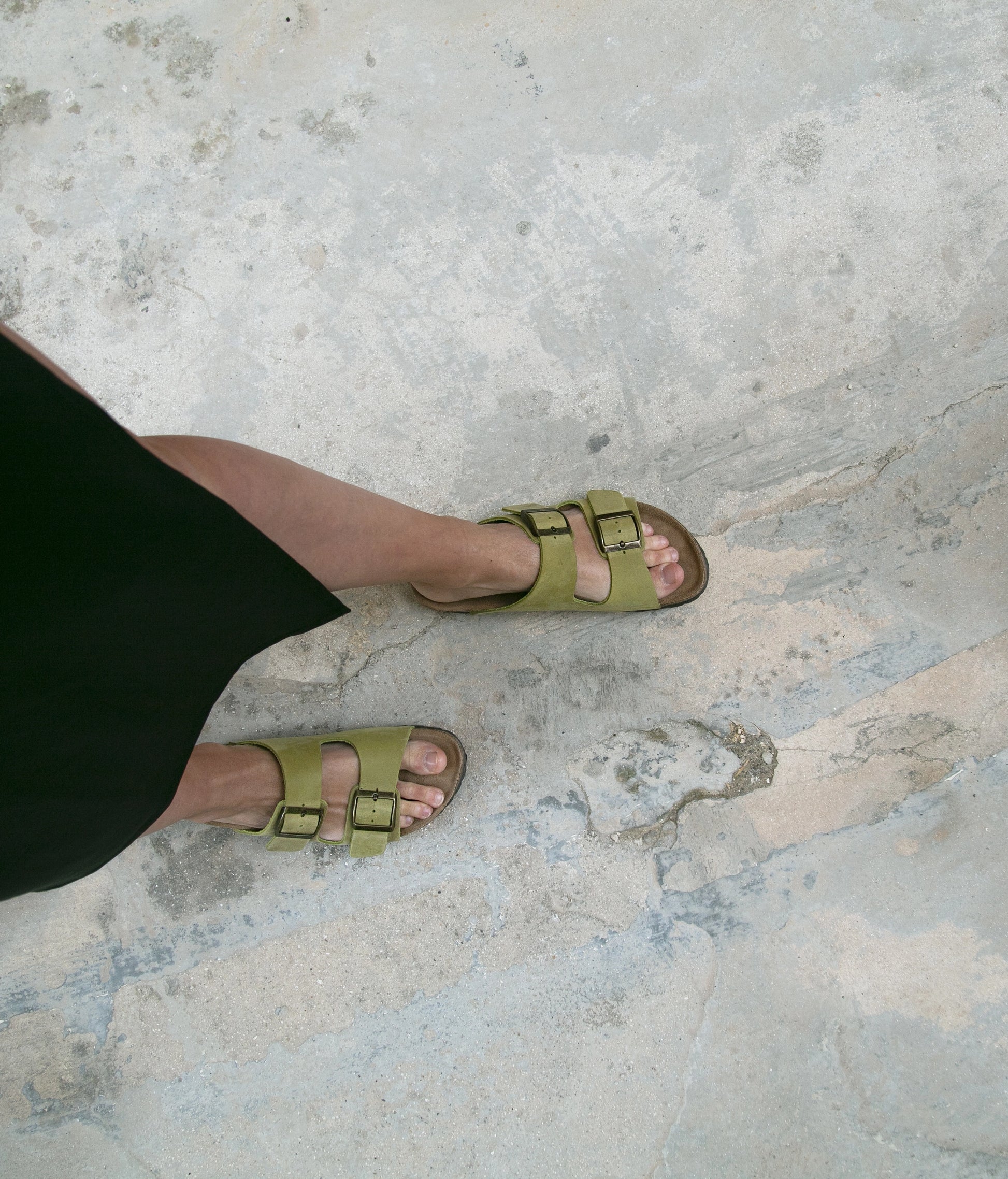 classic cork sandal with two straps in full-grain sage green nubuck leather with a blue tint, suede footbed and brass gold buckles
