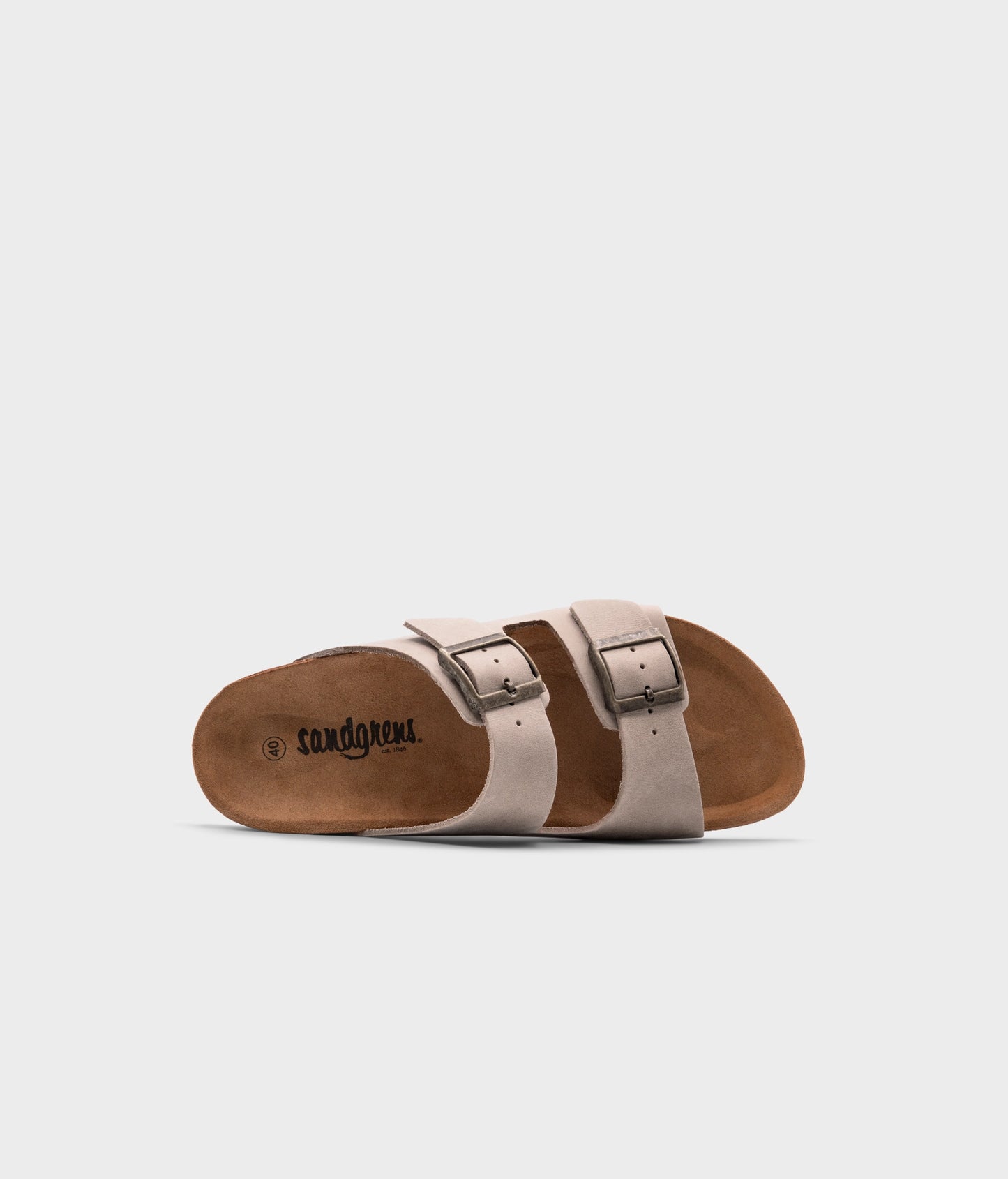 classic cork sandal with two straps in full-grain sand beige nubuck leather, suede footbed and brass gold buckles