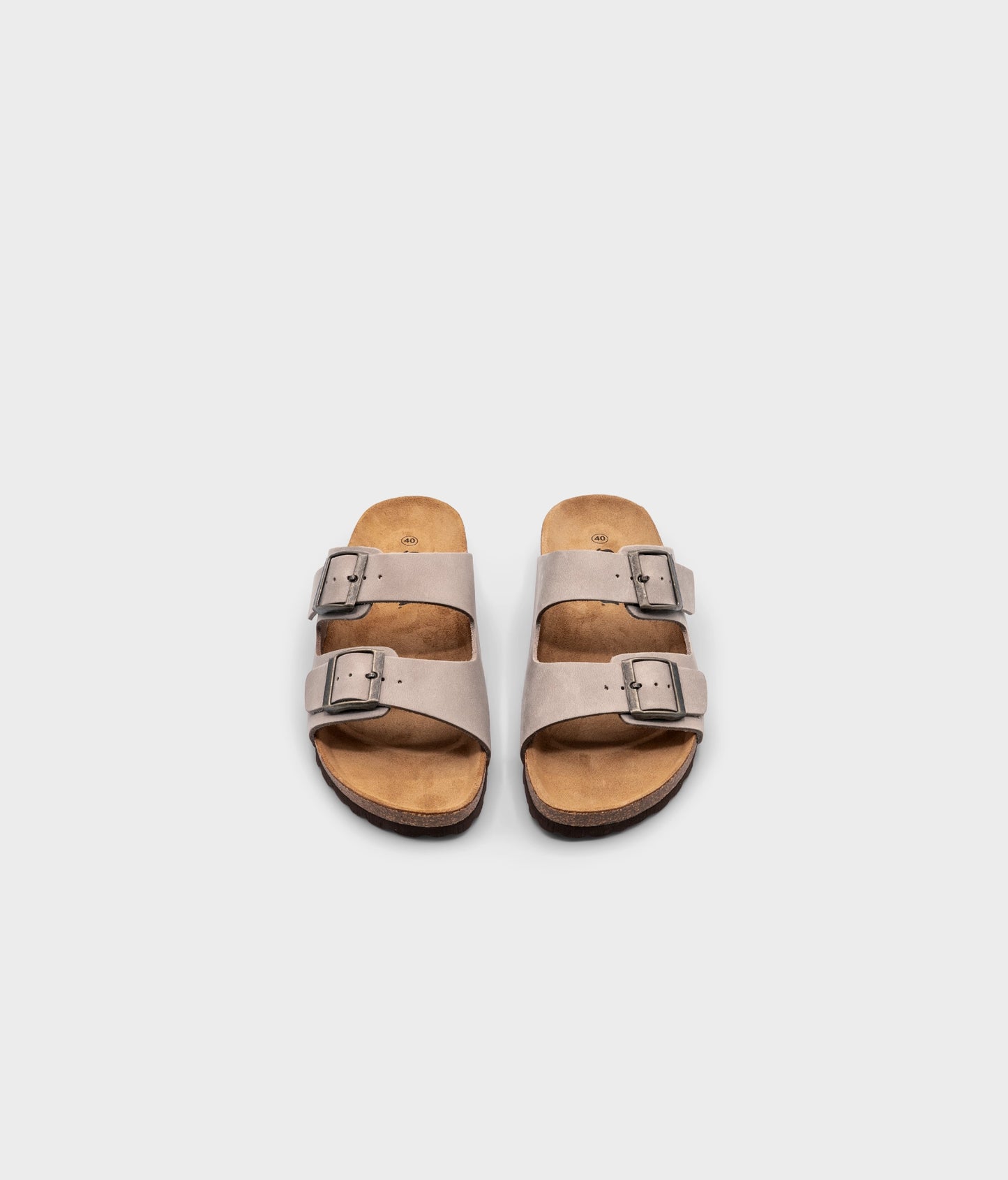 classic cork sandal with two straps in full-grain sand beige nubuck leather, suede footbed and brass gold buckles