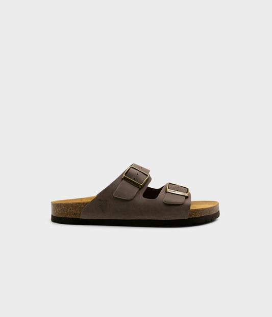 classic cork sandal with two straps in full-grain walnut brown nubuck leather with a blue tint, suede footbed and brass gold buckles