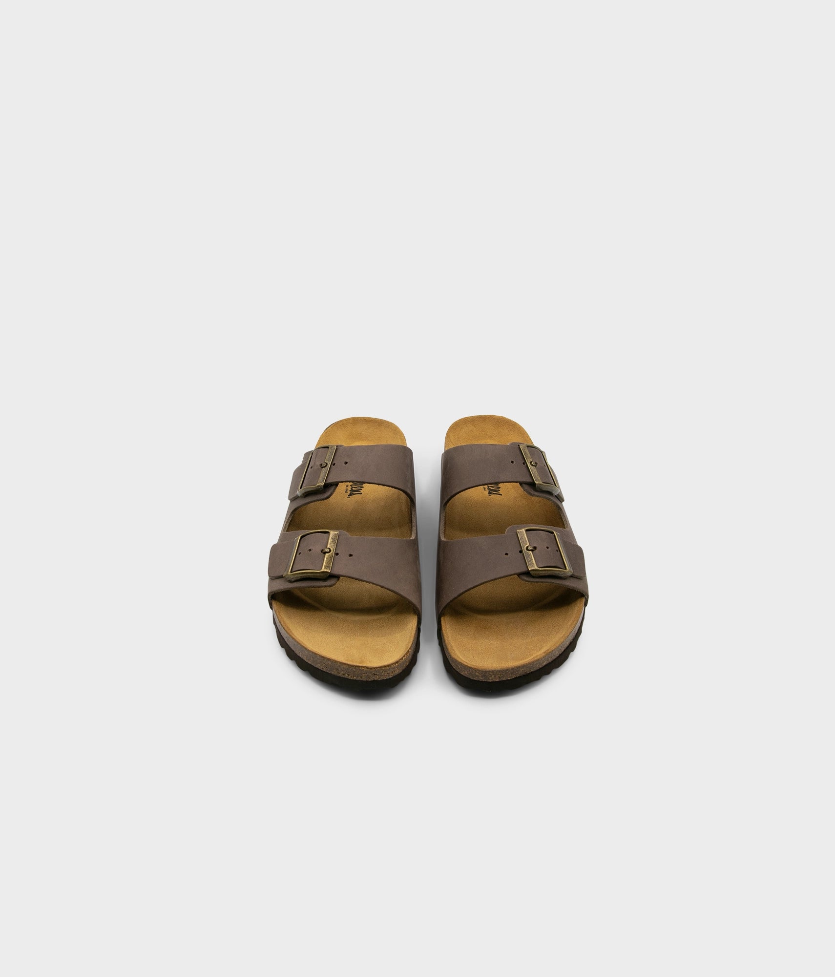 classic cork sandal with two straps in full-grain walnut brown nubuck leather with a blue tint, suede footbed and brass gold buckles