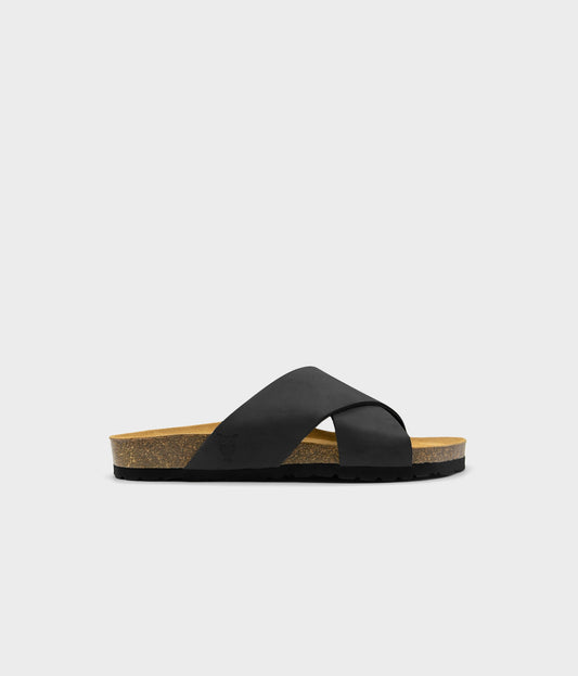 criss cross cork sandal in black oiled full-grain nubuck leather with a black EVA outersole and suede footbed