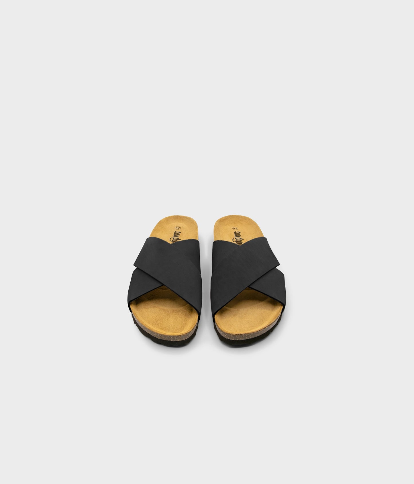 criss cross cork sandal in black oiled full-grain nubuck leather with a black EVA outersole and suede footbed
