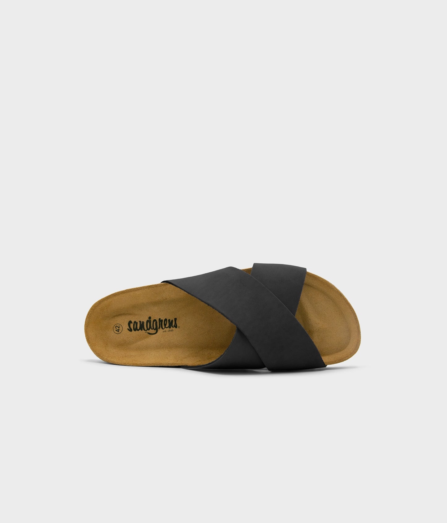 criss cross cork sandal in black oiled full-grain nubuck leather with a black EVA outersole and suede footbed