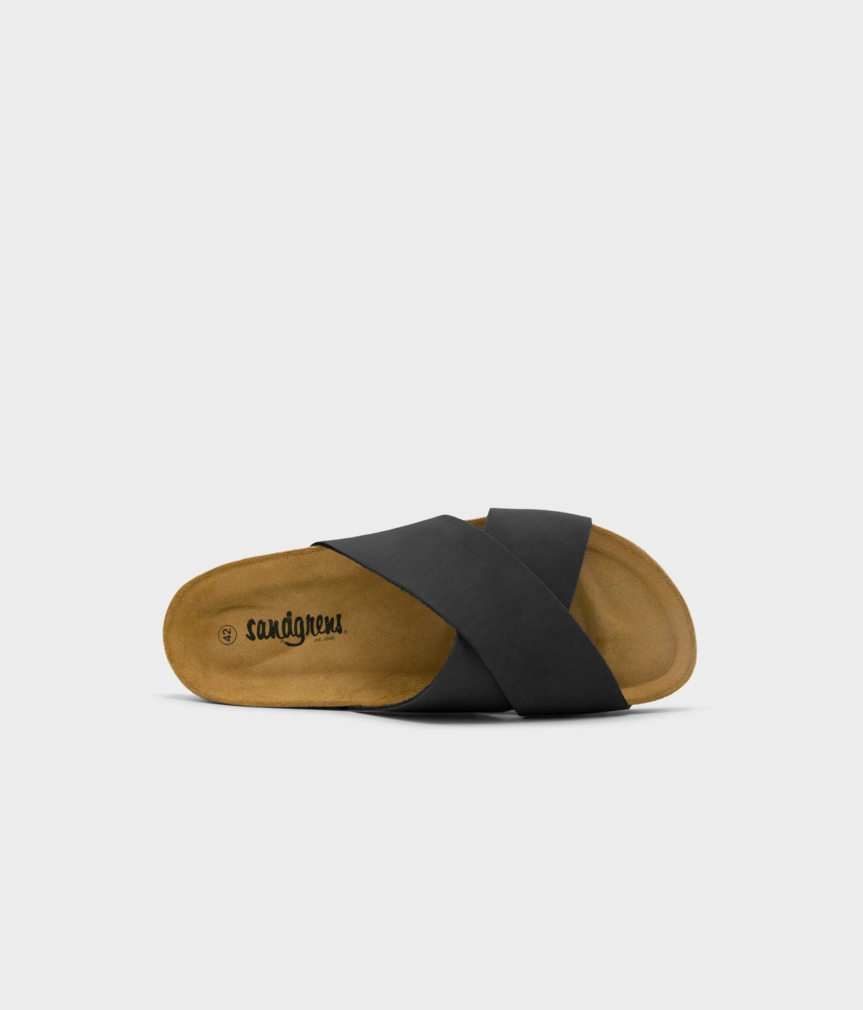 criss cross cork sandal in black oiled full-grain nubuck leather with a black EVA outersole and suede footbed