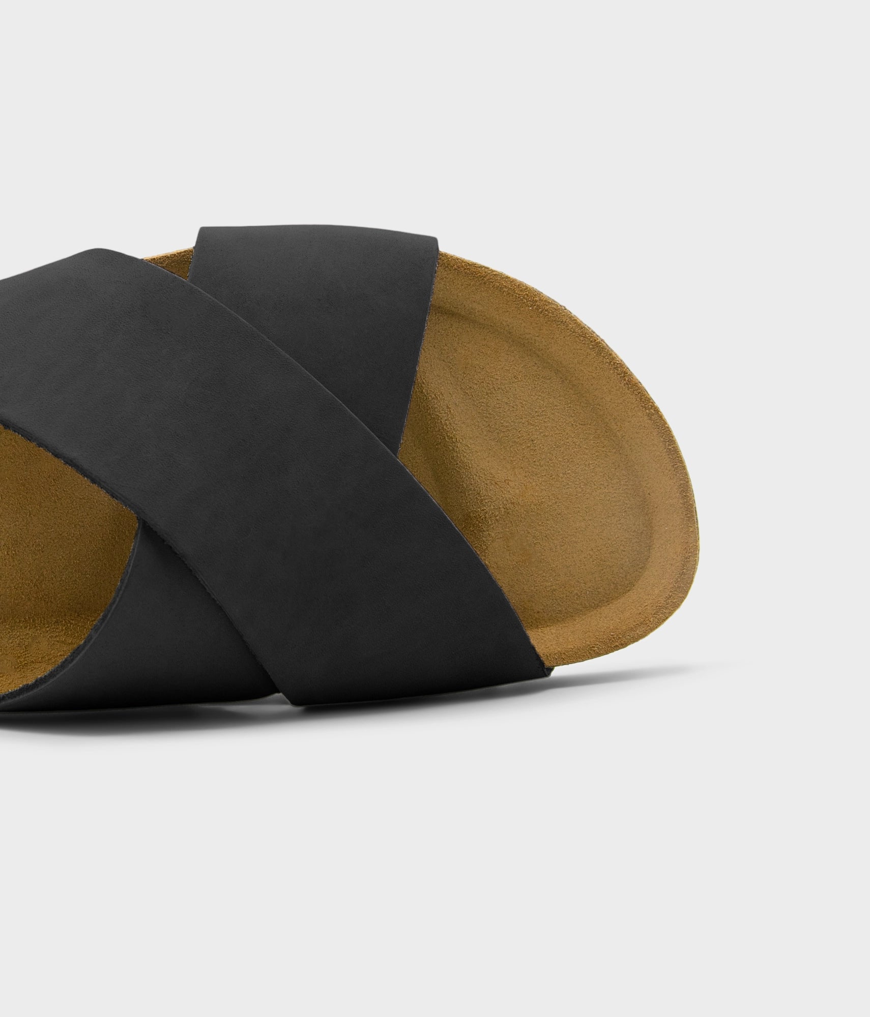 criss cross cork sandal in black oiled full-grain nubuck leather with a black EVA outersole and suede footbed