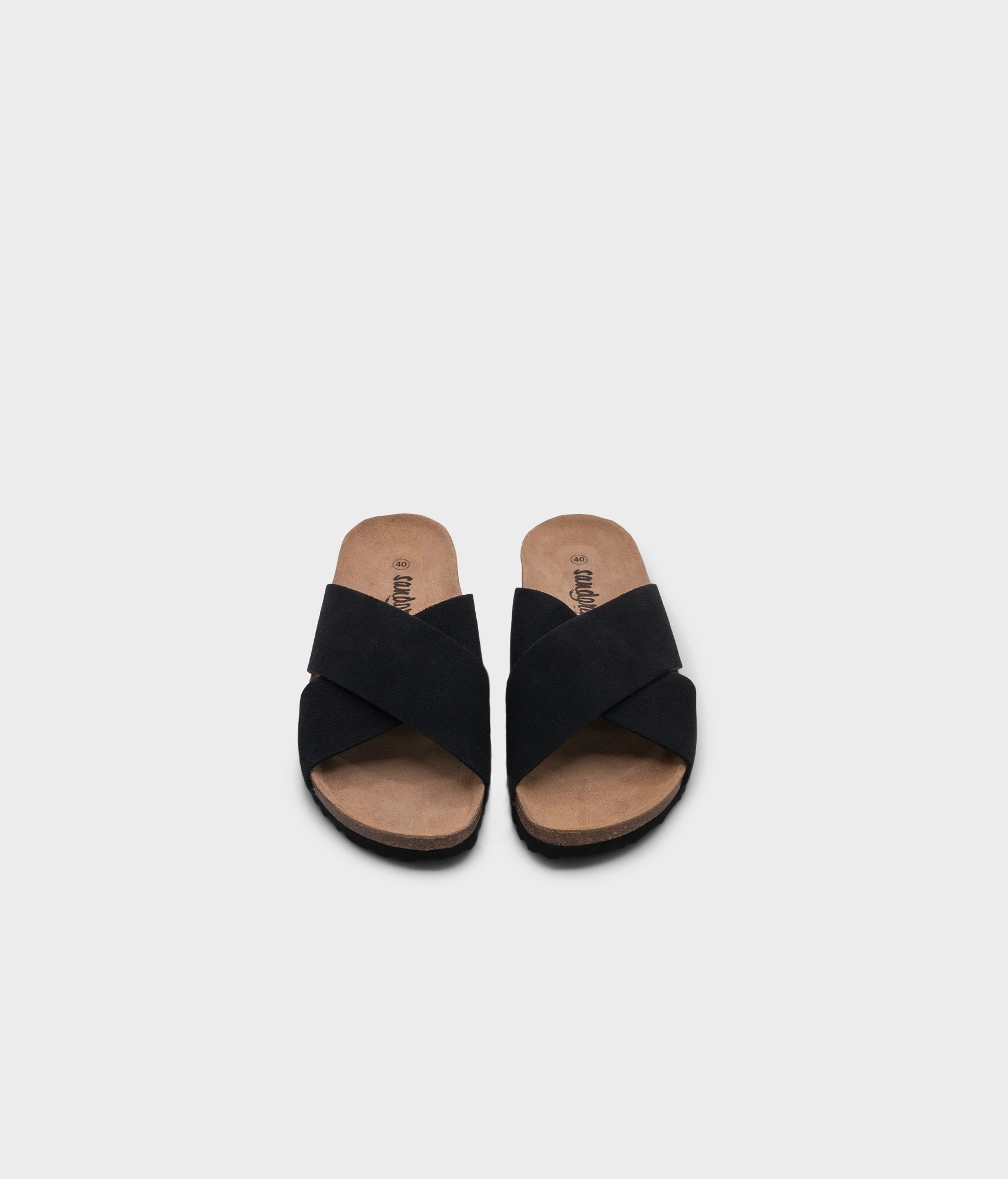 criss cross cork sandal in black soft suede eather with a black EVA outersole and suede footbed