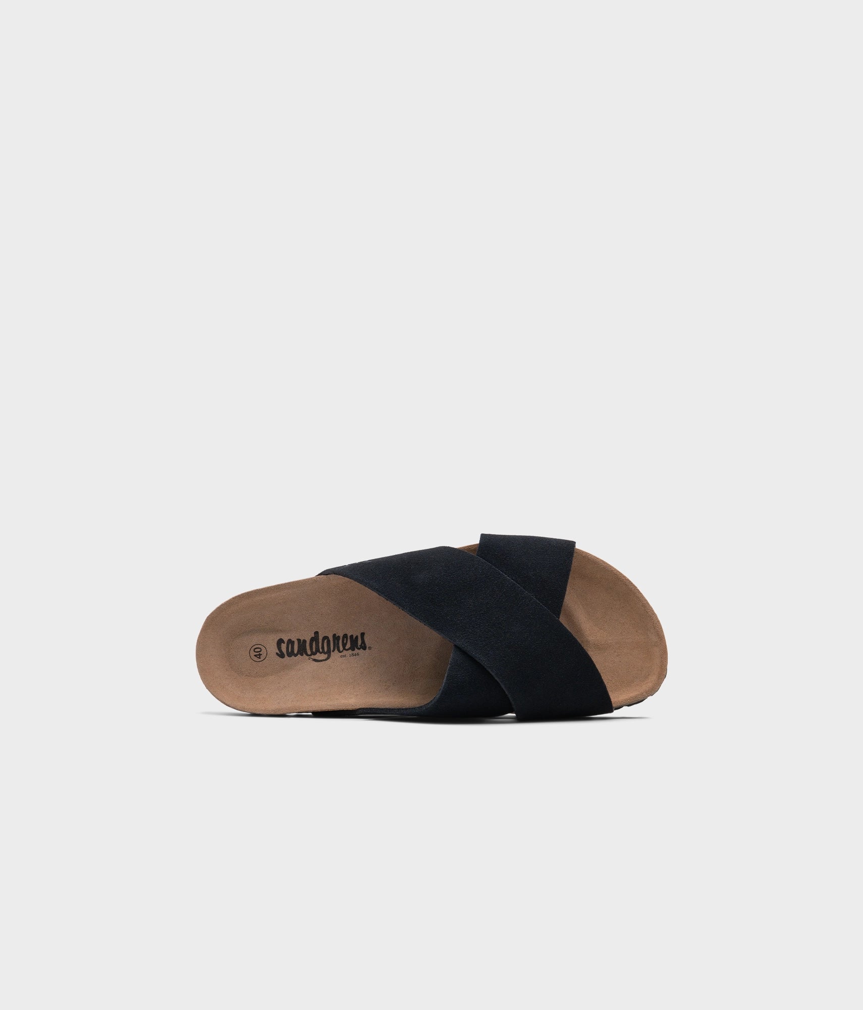 criss cross cork sandal in black soft suede eather with a black EVA outersole and suede footbed