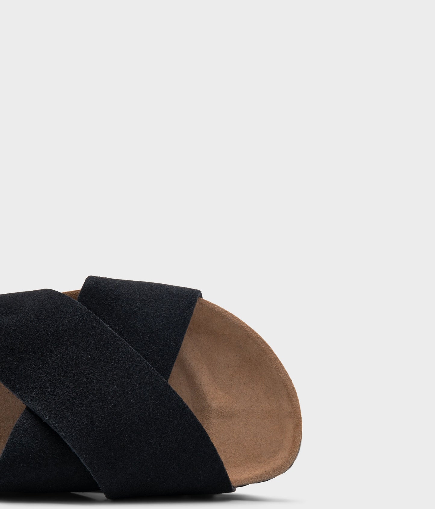 criss cross cork sandal in black soft suede eather with a black EVA outersole and suede footbed