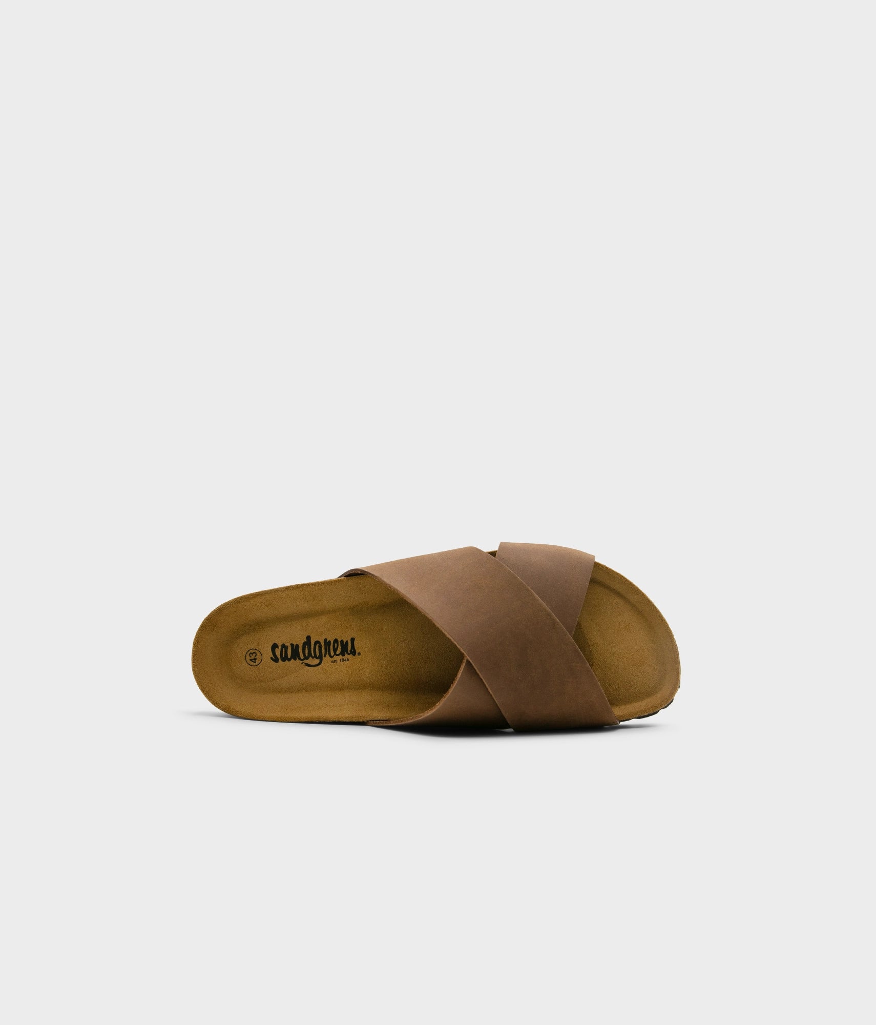 criss cross cork sandal in hazel brown oiled full-grain nubuck leather with a brown EVA outersole and suede footbed