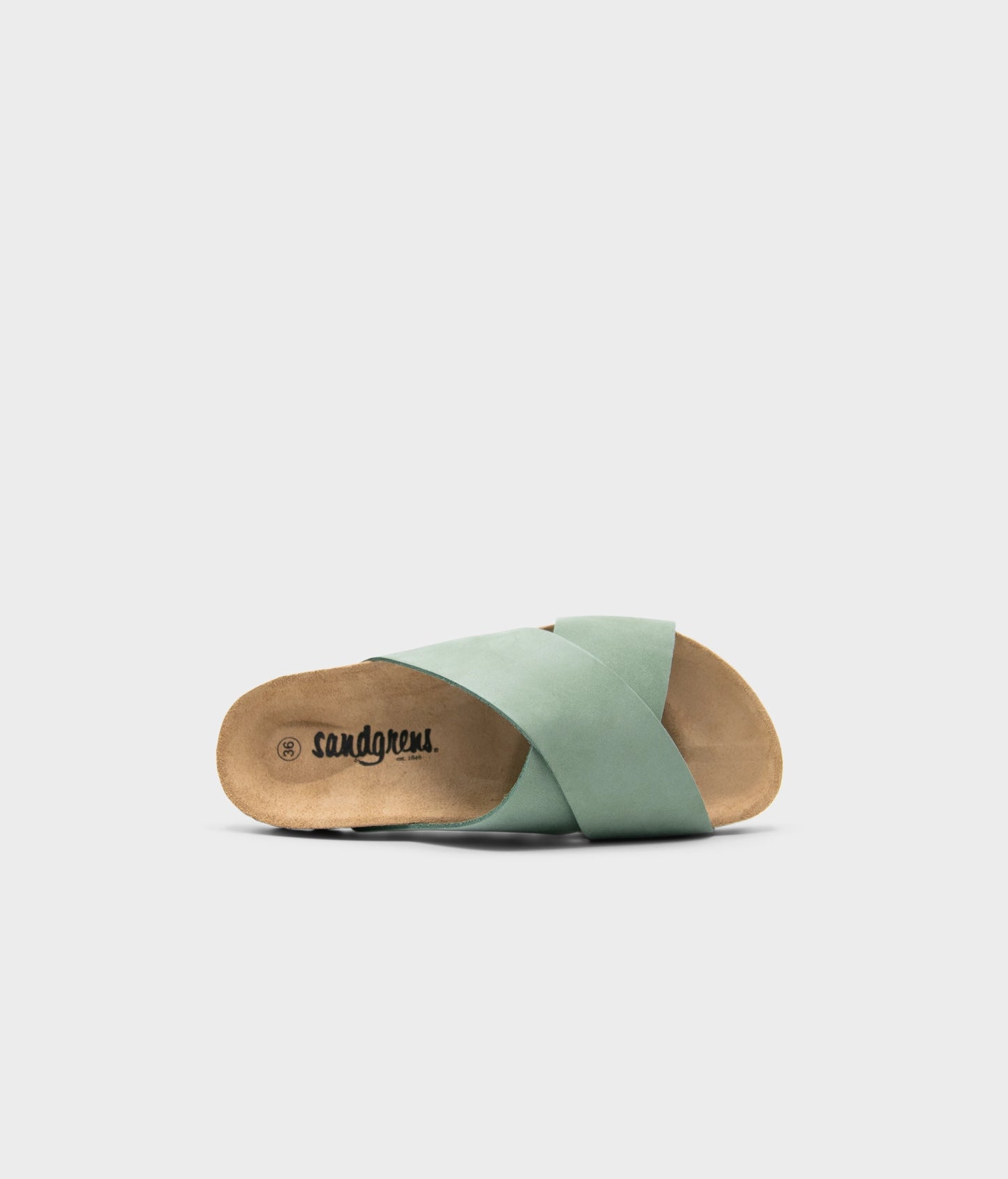criss cross cork sandal in Jade Green oiled full-grain nubuck leather with a brown EVA outersole and suede footbed