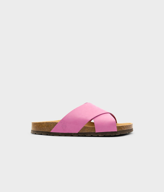 criss cross cork sandal in magenta pink oiled full-grain nubuck leather with a brown EVA outersole and suede footbed
